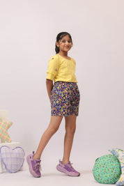 Yellow Embroidered Top & Navy Floral Skirt/Shorts Set