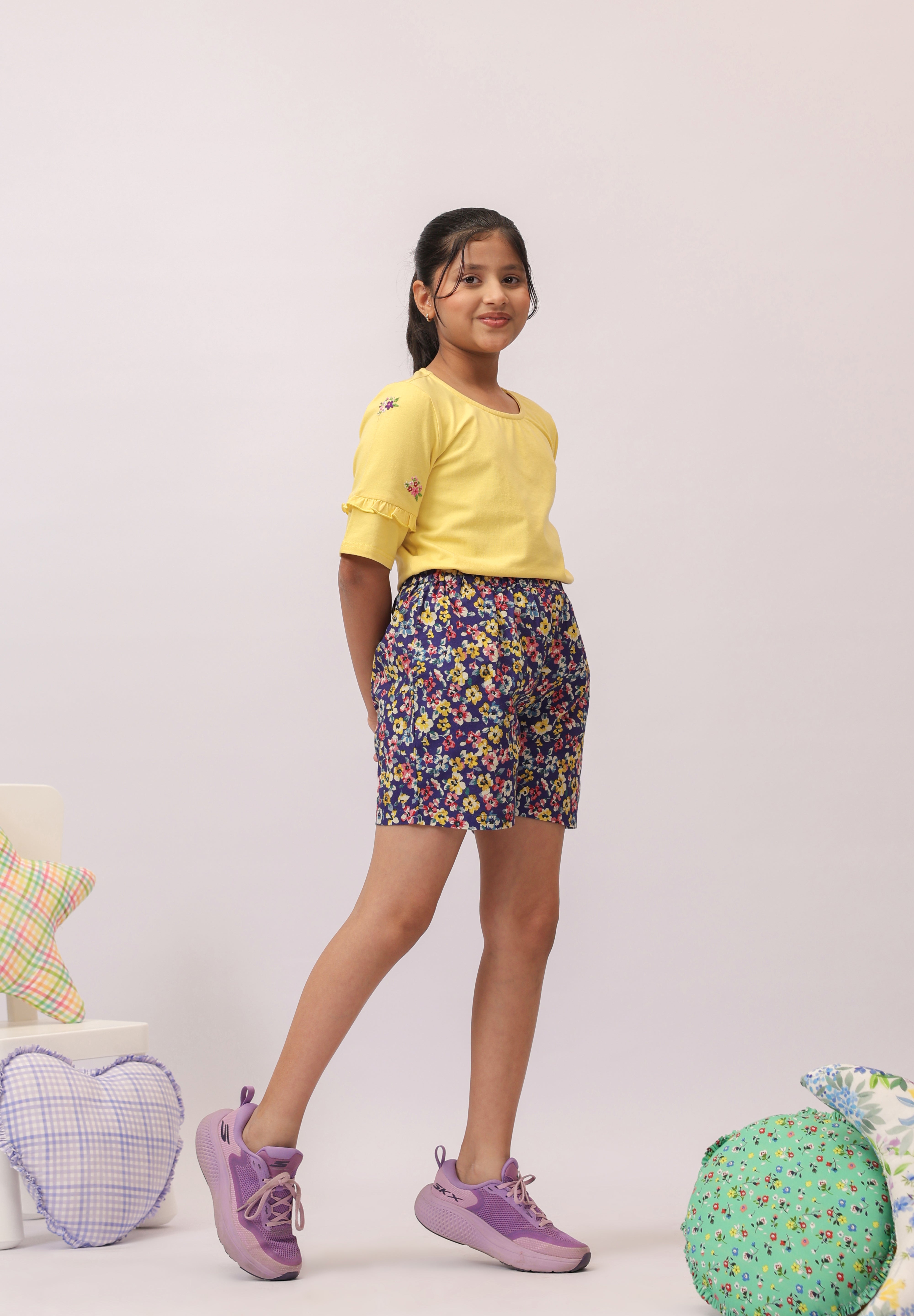 Yellow Embroidered Top & Navy Floral Skirt/Shorts Set
