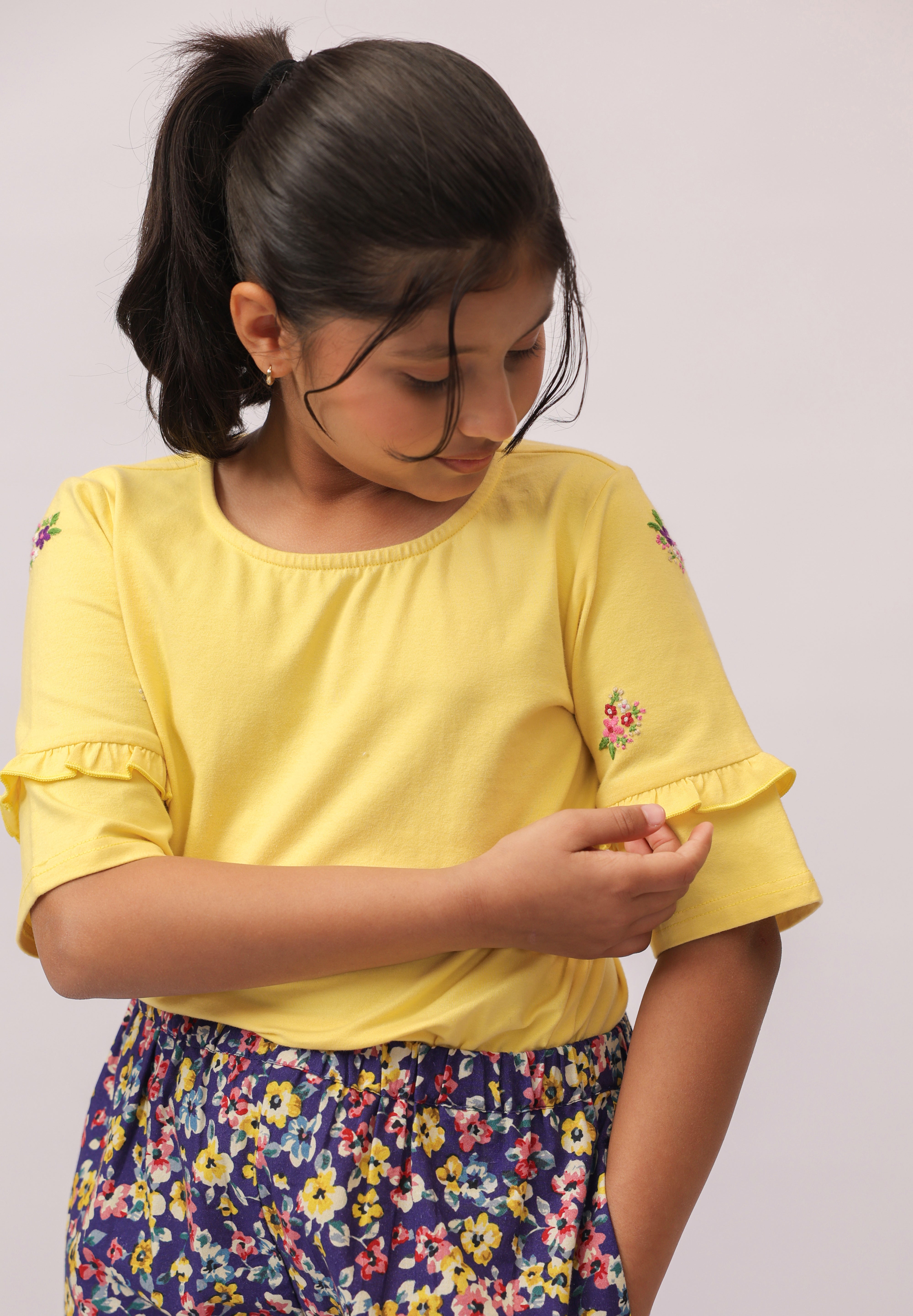 Yellow Embroidered Top & Navy Floral Skirt/Shorts Set