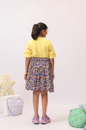 Yellow Embroidered Top & Navy Floral Skirt/Shorts Set