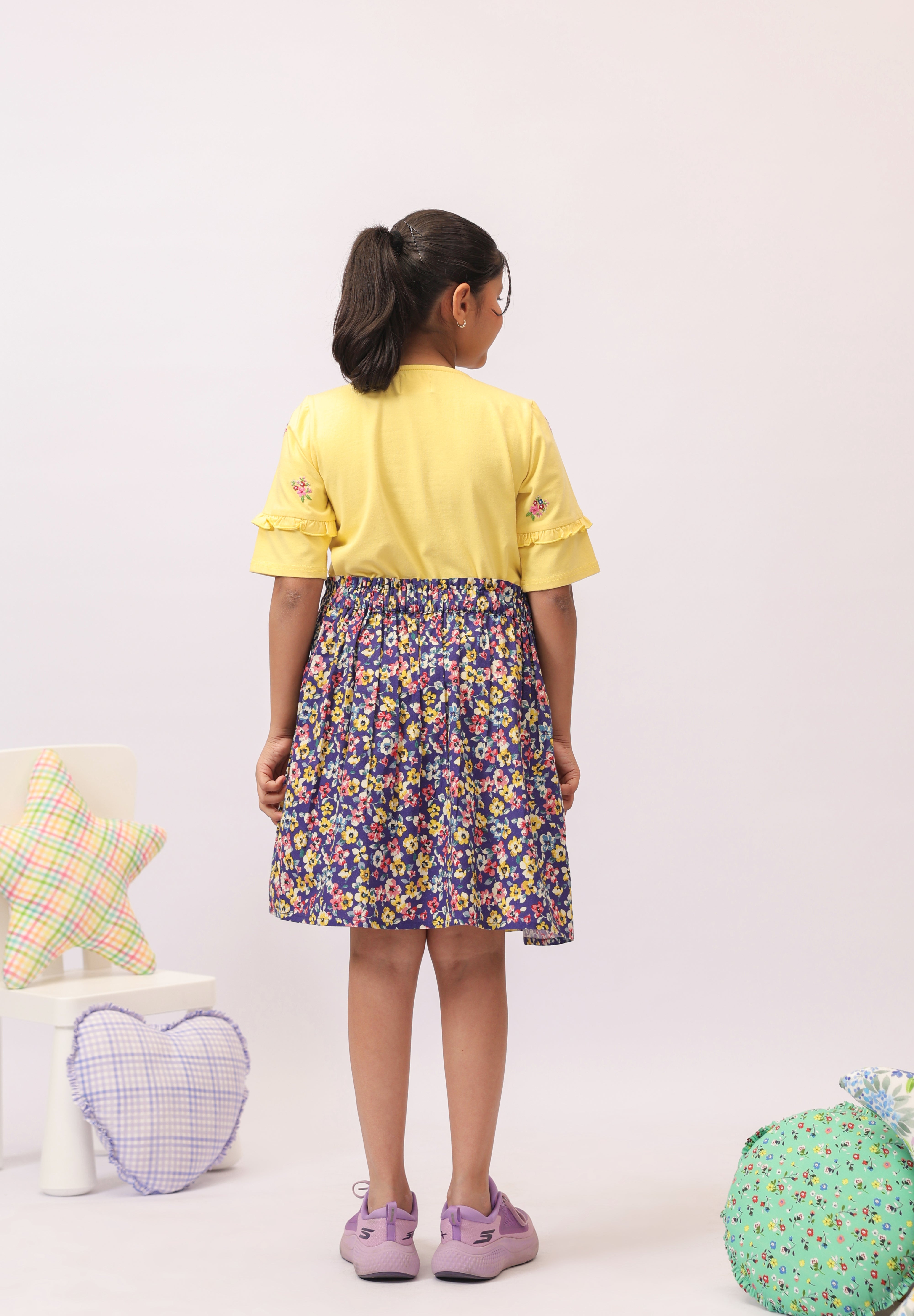 Yellow Embroidered Top & Navy Floral Skirt/Shorts Set