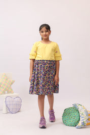 Yellow Embroidered Top & Navy Floral Skirt/Shorts Set