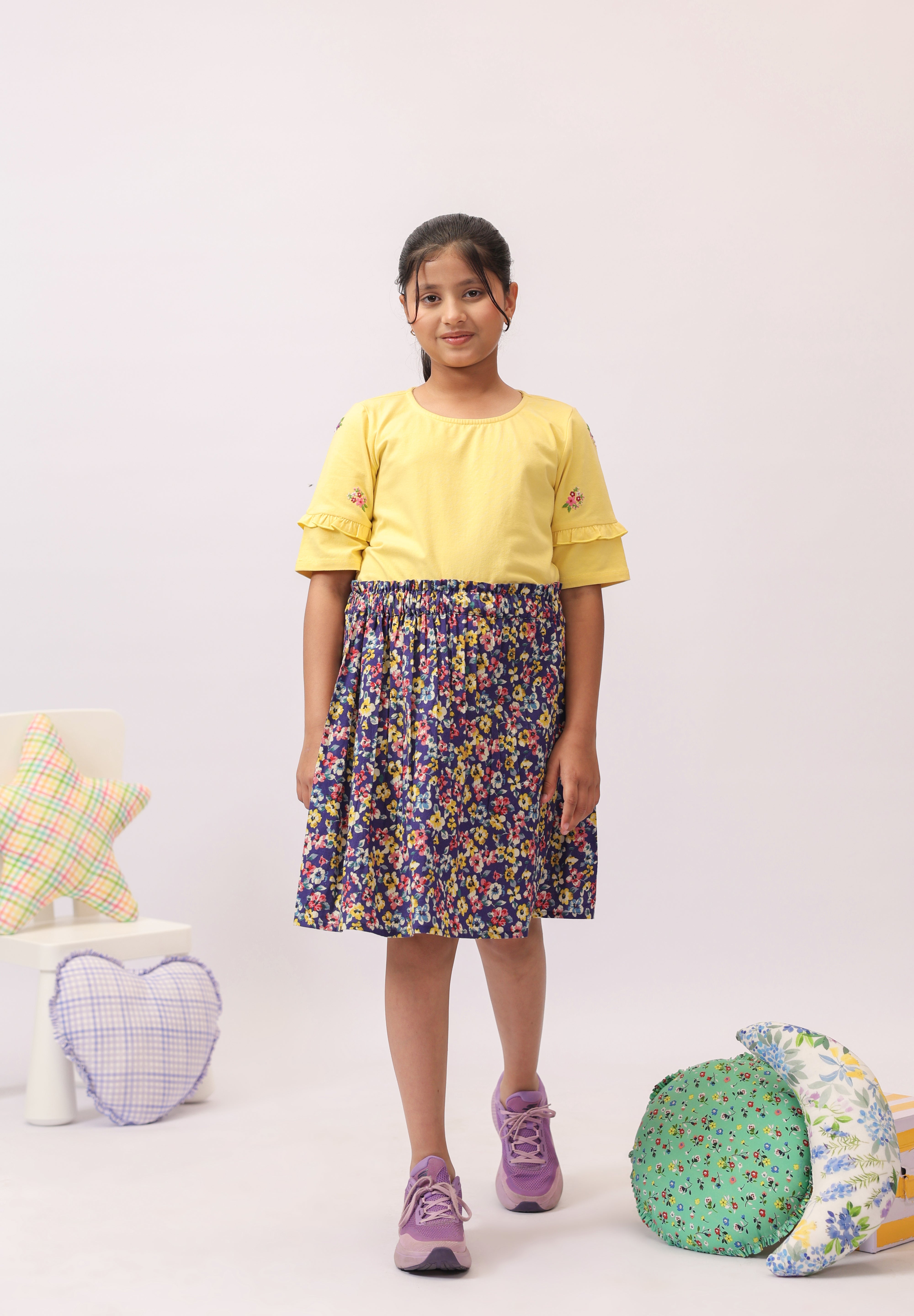 Yellow Embroidered Top & Navy Floral Skirt/Shorts Set