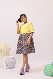 Yellow Embroidered Top & Navy Floral Skirt/Shorts Set