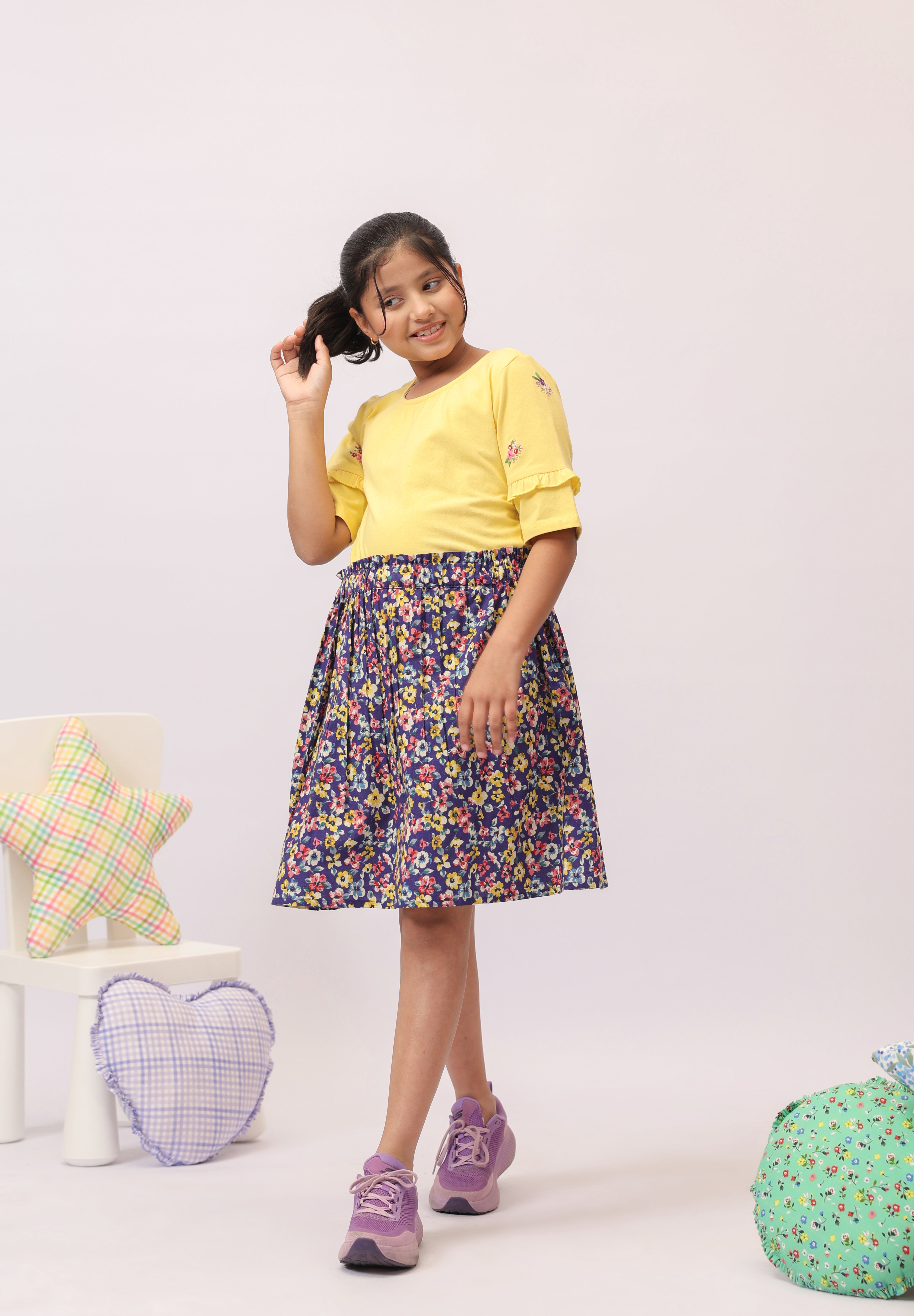 Yellow Embroidered Top & Navy Floral Skirt/Shorts Set