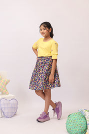 Yellow Embroidered Top & Navy Floral Skirt/Shorts Set
