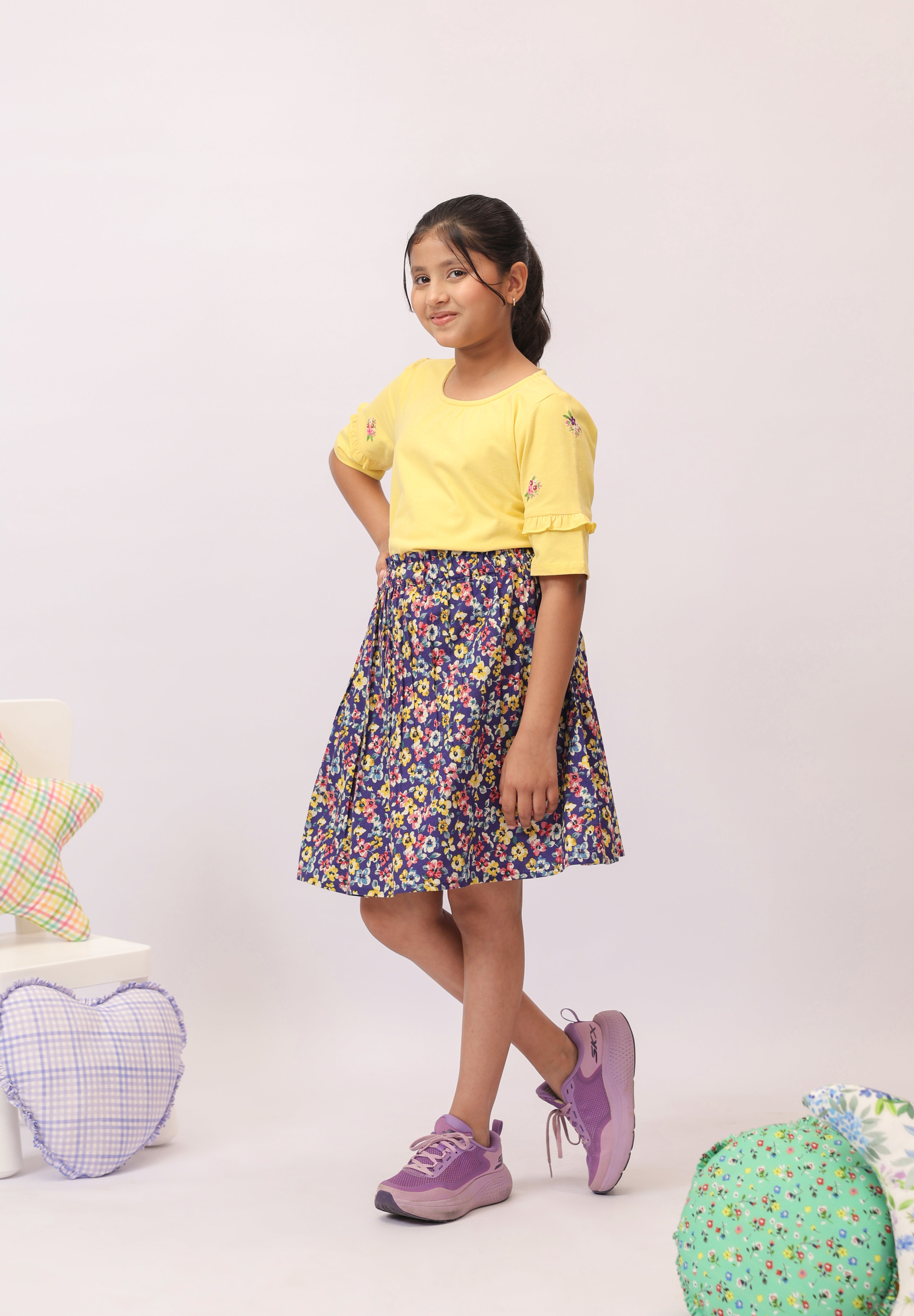 Yellow Embroidered Top & Navy Floral Skirt/Shorts Set
