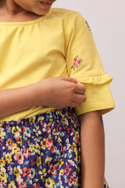 Yellow Embroidered Top & Navy Floral Skirt/Shorts Set