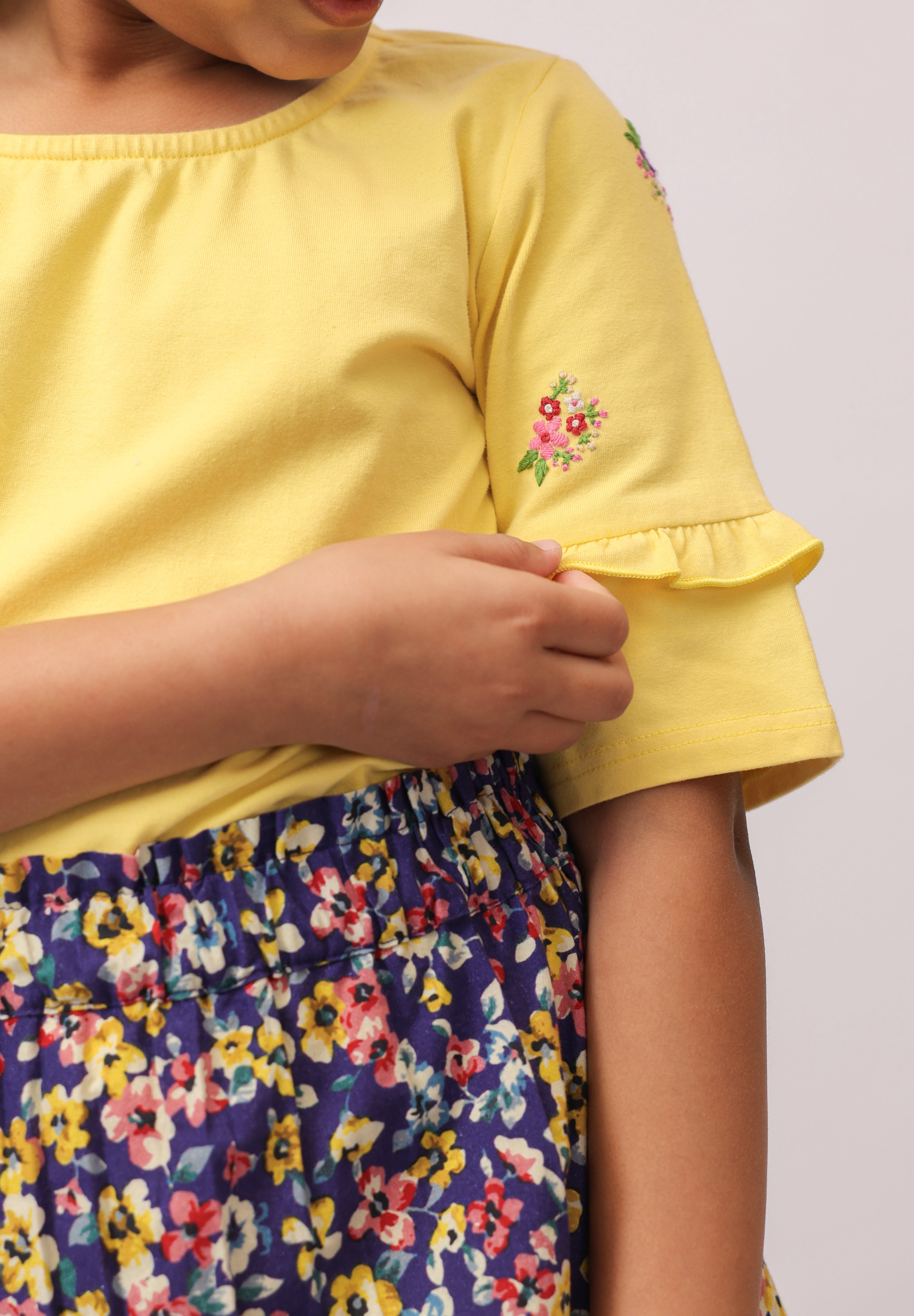 Yellow Embroidered Top & Navy Floral Skirt/Shorts Set