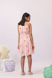 Pink Georgette Embroidered Tiered Dress