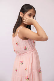 Pink Georgette Embroidered Tiered Dress