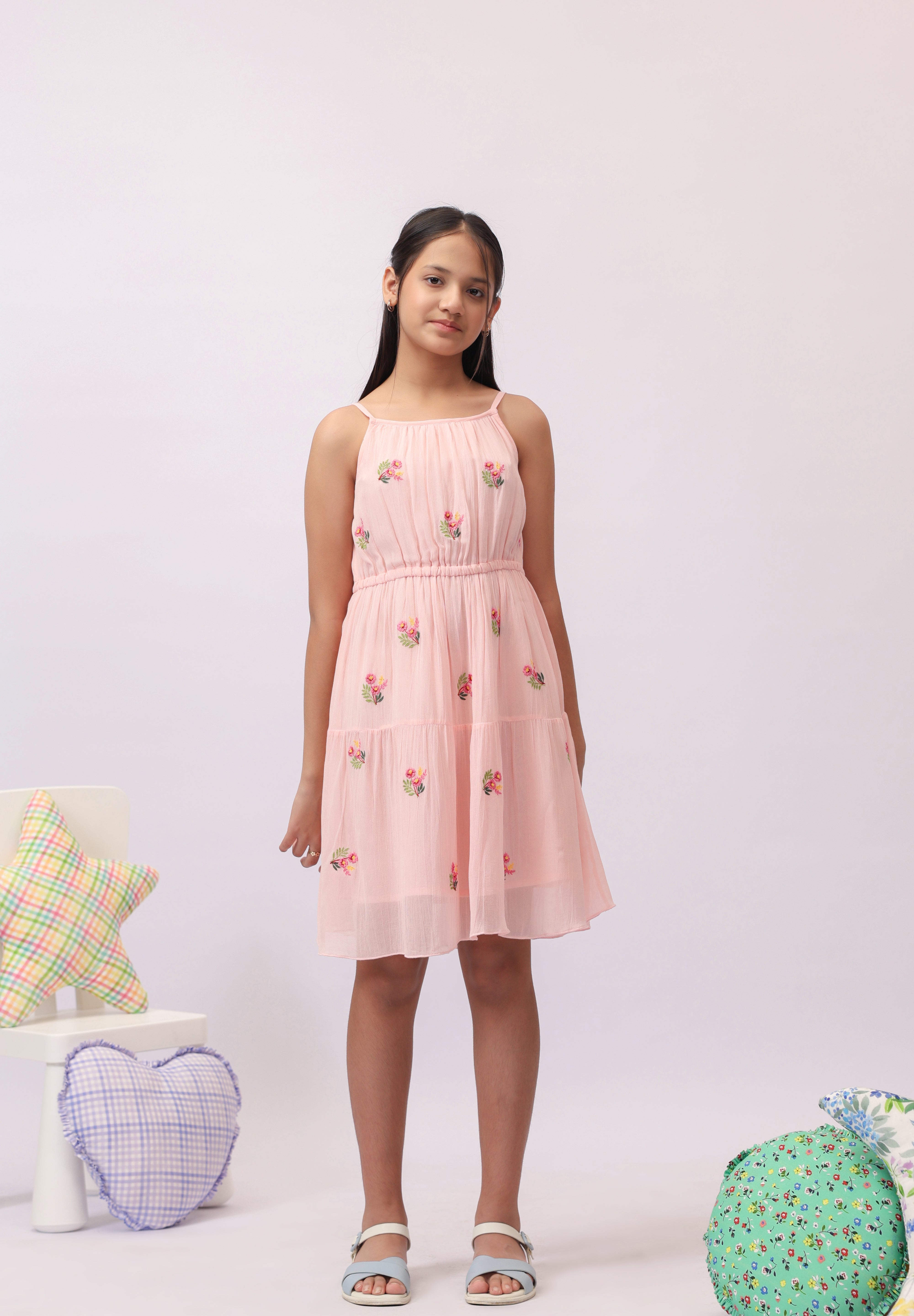 Pink Georgette Embroidered Tiered Dress