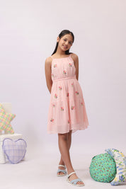 Pink Georgette Embroidered Tiered Dress