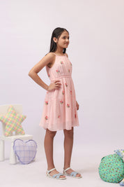 Pink Georgette Embroidered Tiered Dress