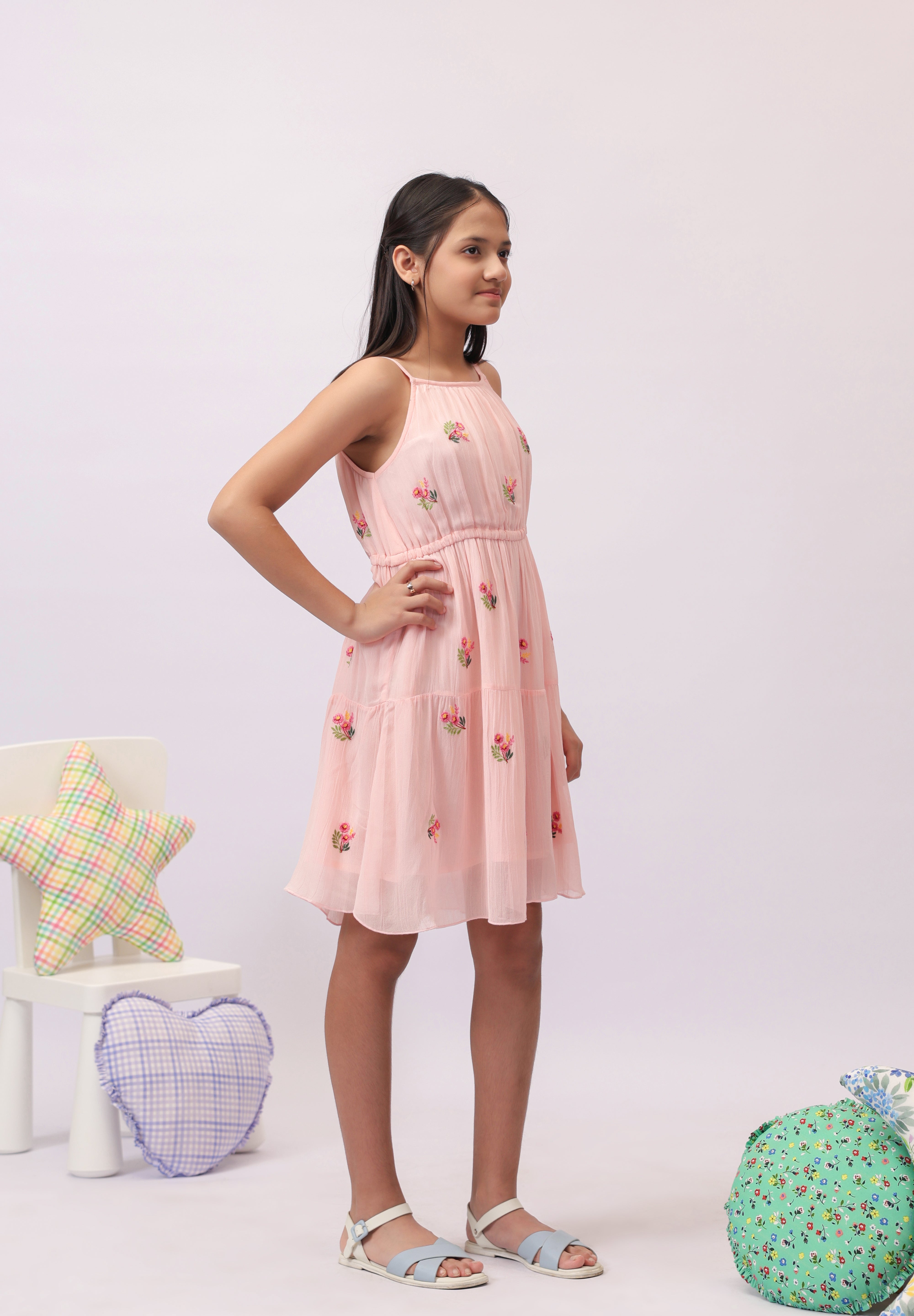 Pink Georgette Embroidered Tiered Dress