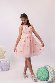 Pink Georgette Embroidered Tiered Dress