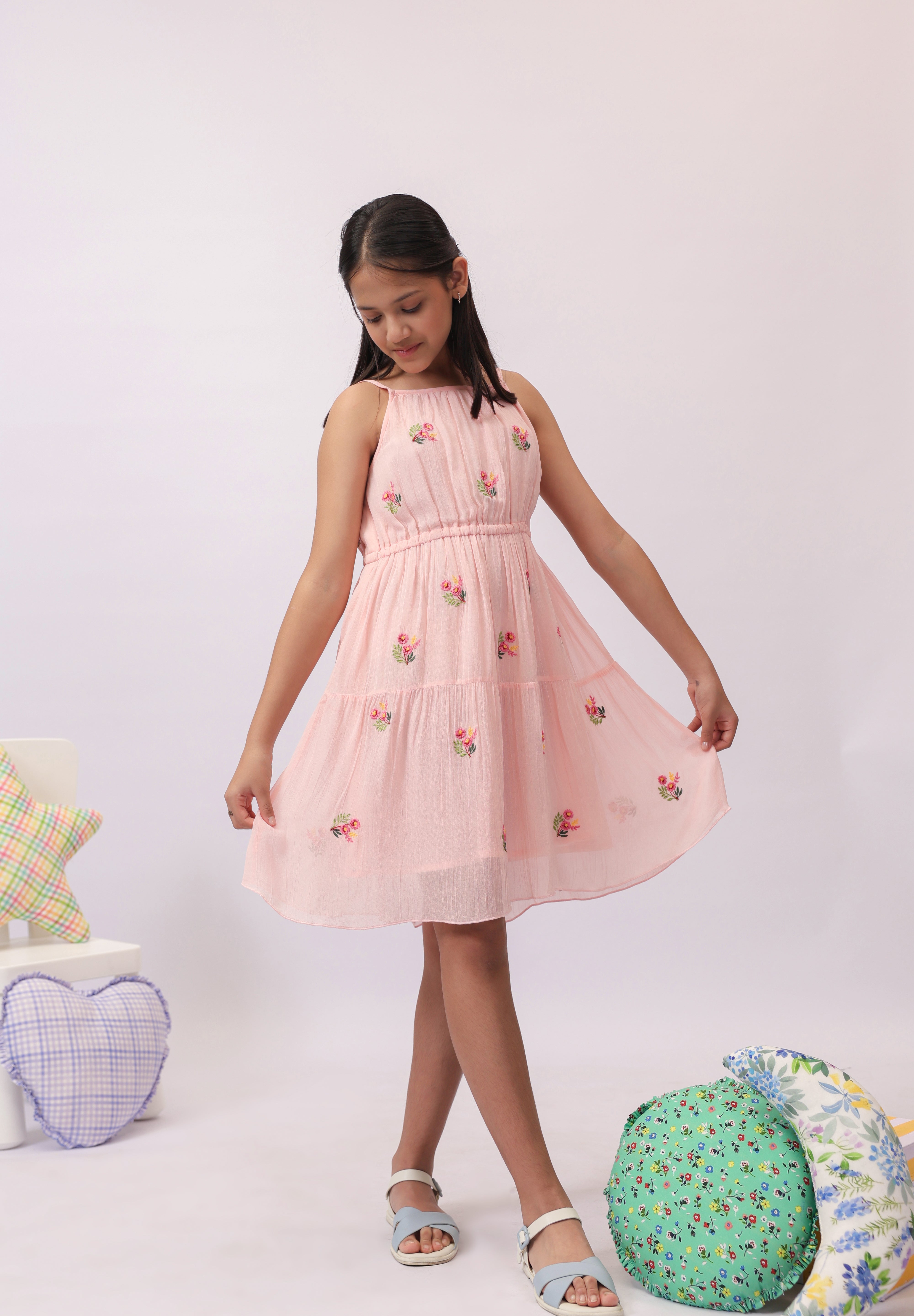 Pink Georgette Embroidered Tiered Dress