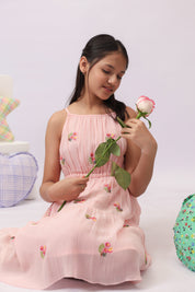 Pink Georgette Embroidered Tiered Dress