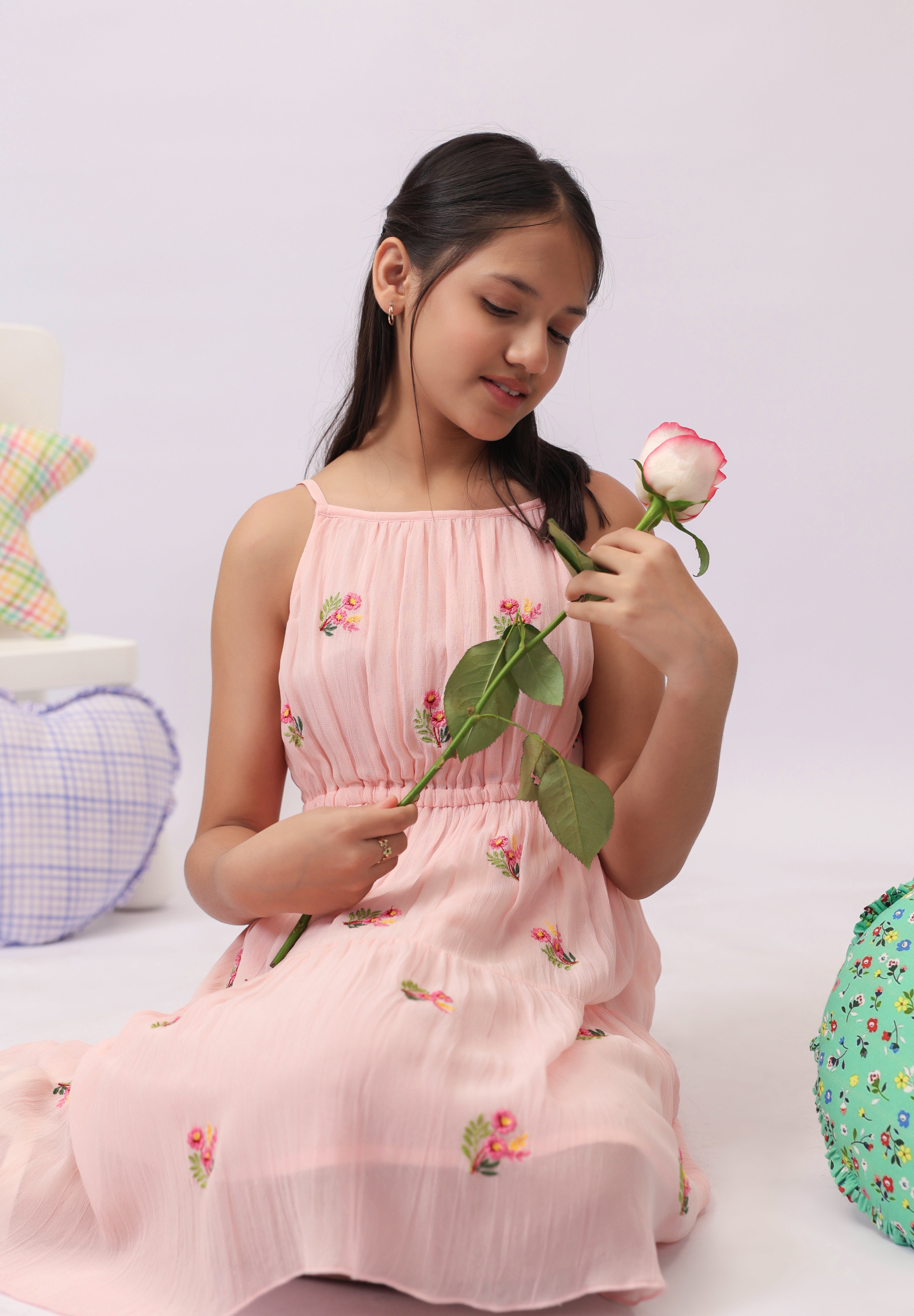 Pink Georgette Embroidered Tiered Dress