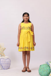 Yellow Floral Embroidered Bow Dress for Girls