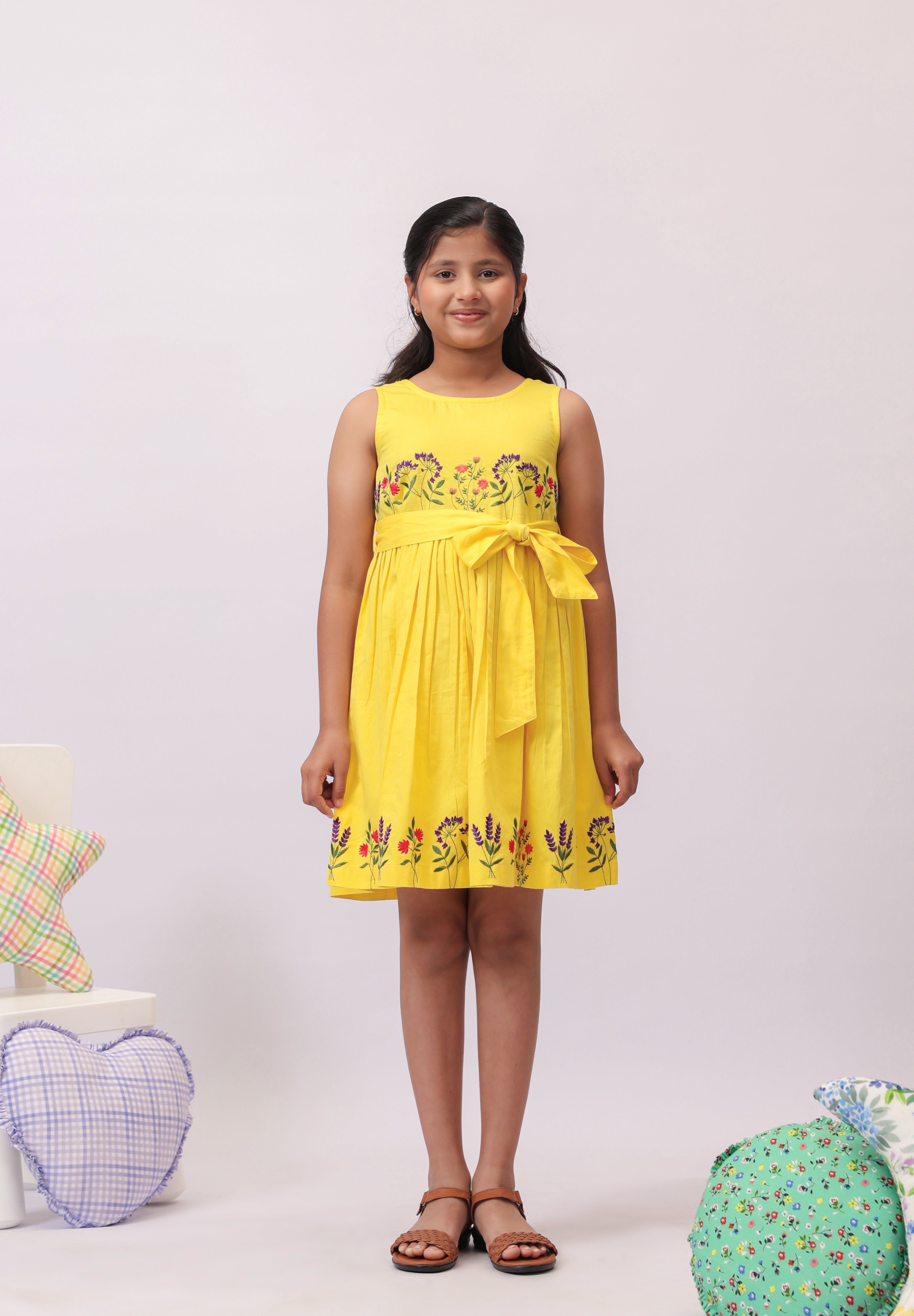 Yellow Floral Embroidered Bow Dress for Girls