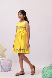 Yellow Floral Embroidered Bow Dress for Girls