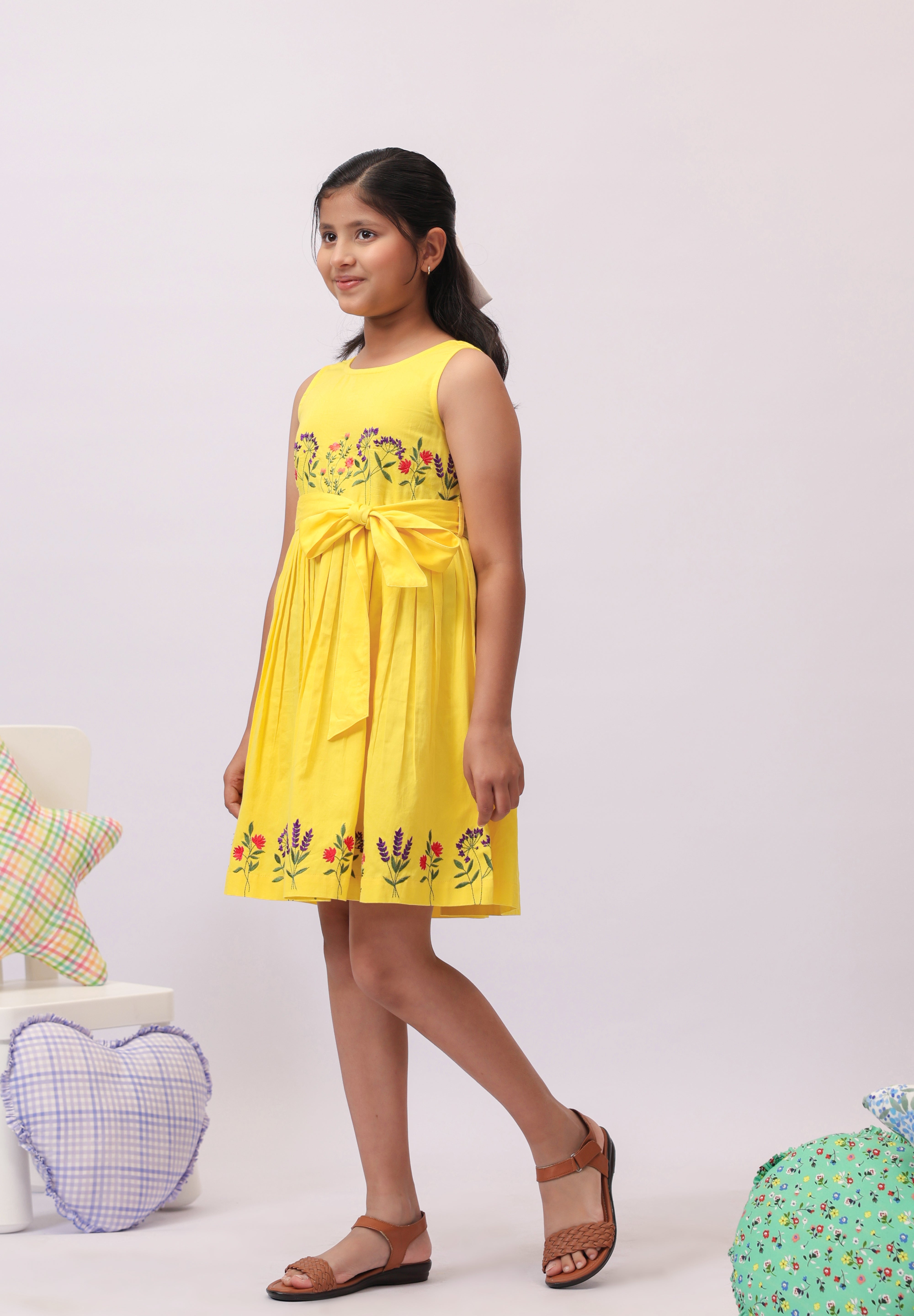 Yellow Floral Embroidered Bow Dress for Girls