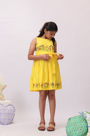 Yellow Floral Embroidered Bow Dress for Girls