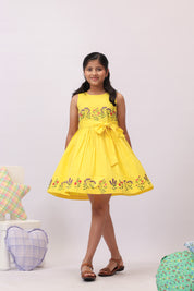 Yellow Floral Embroidered Bow Dress for Girls