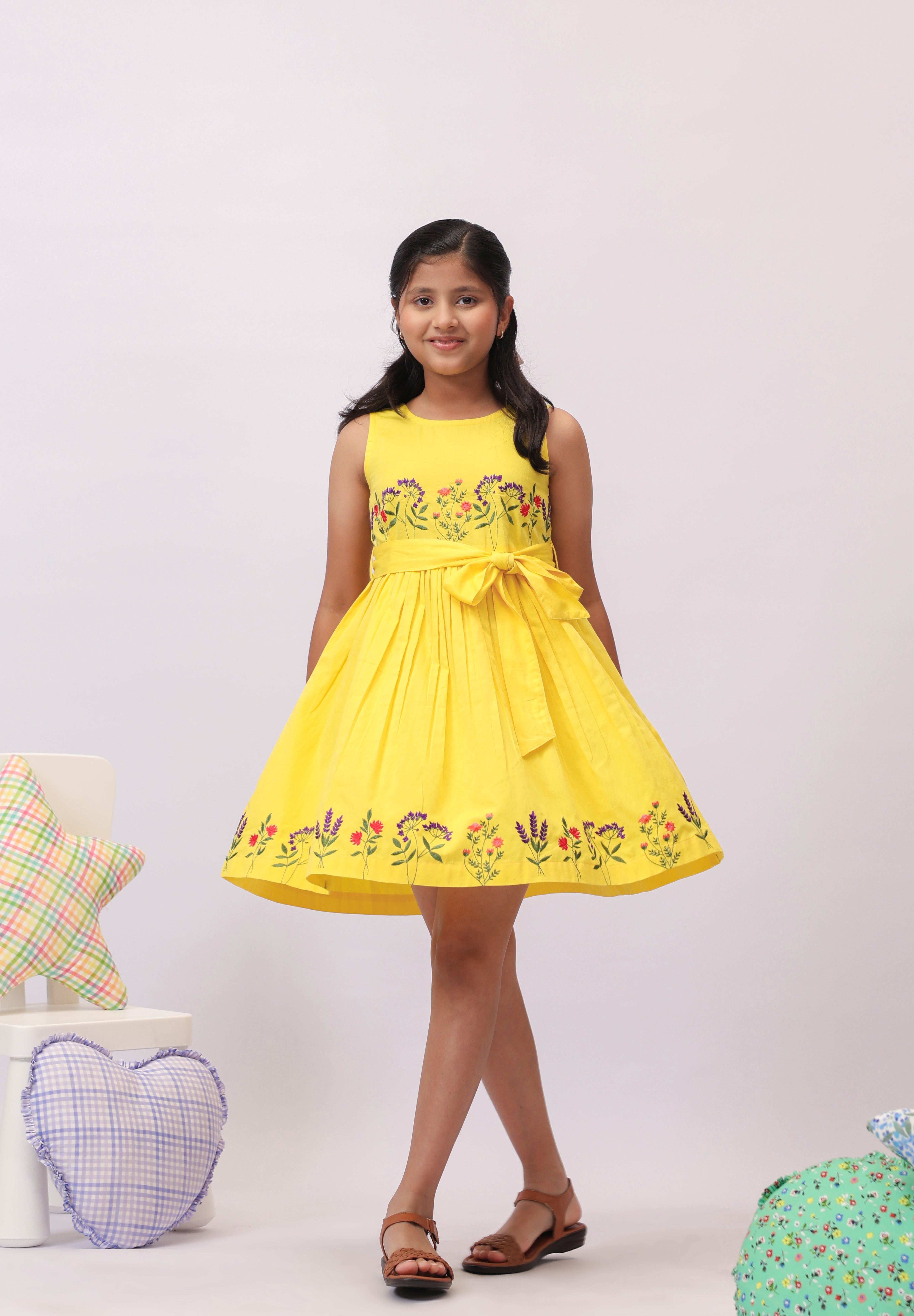 Yellow Floral Embroidered Bow Dress for Girls
