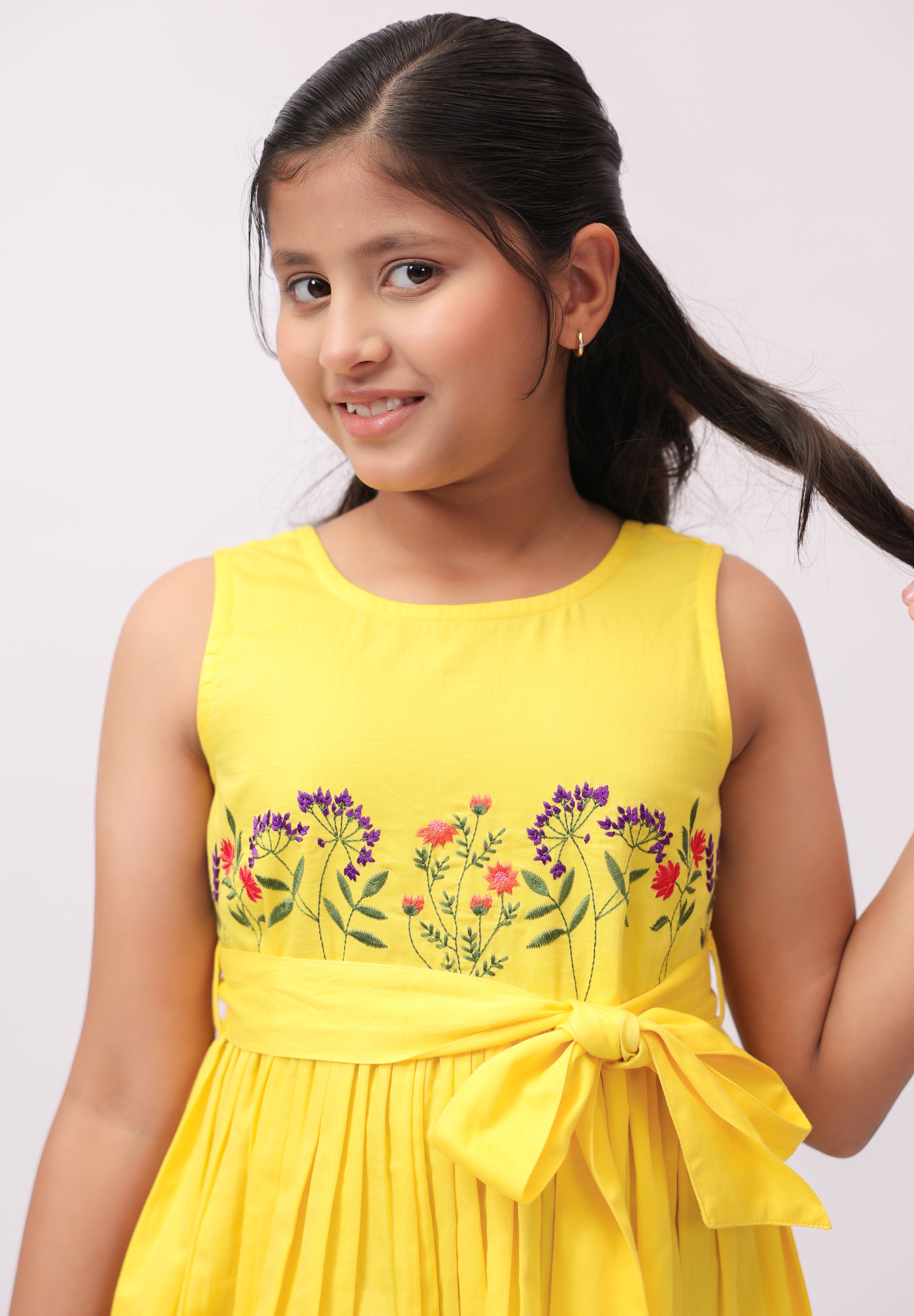 Yellow Floral Embroidered Bow Dress for Girls