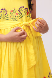 Yellow Floral Embroidered Bow Dress for Girls
