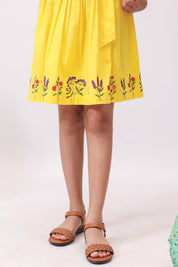 Yellow Floral Embroidered Bow Dress for Girls