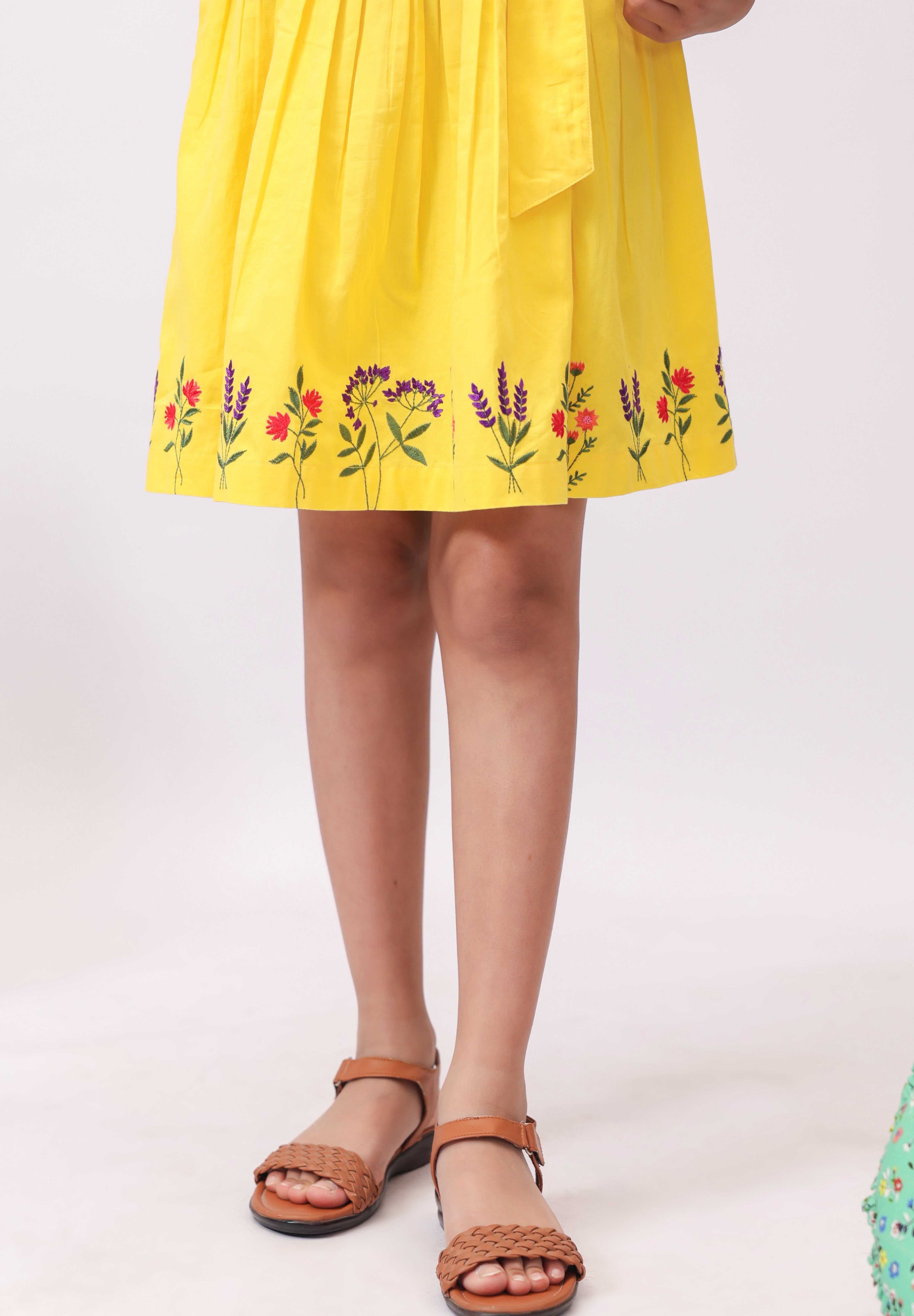 Yellow Floral Embroidered Bow Dress for Girls
