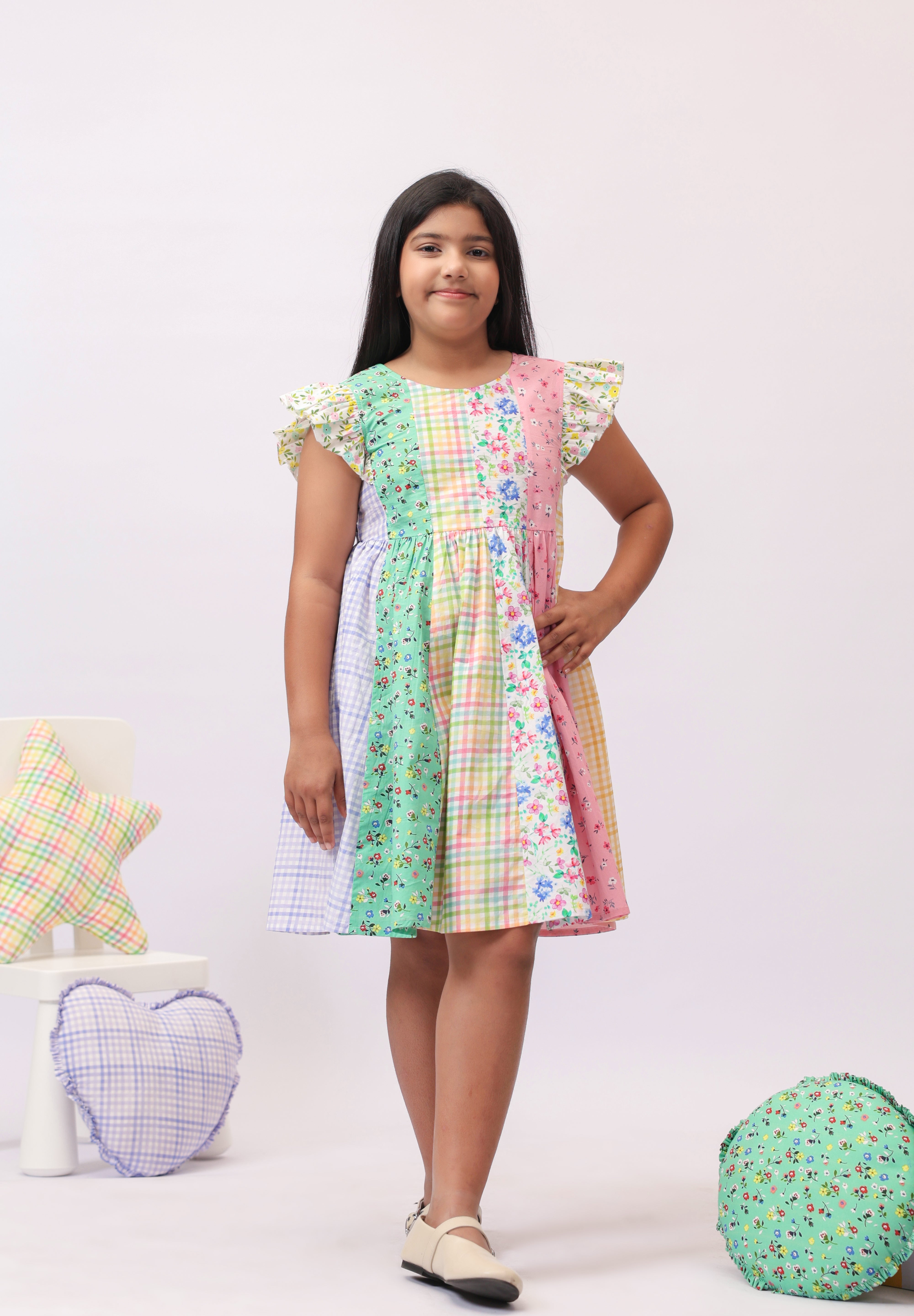 Confetti Patchwork Floral Check Dress for Girls