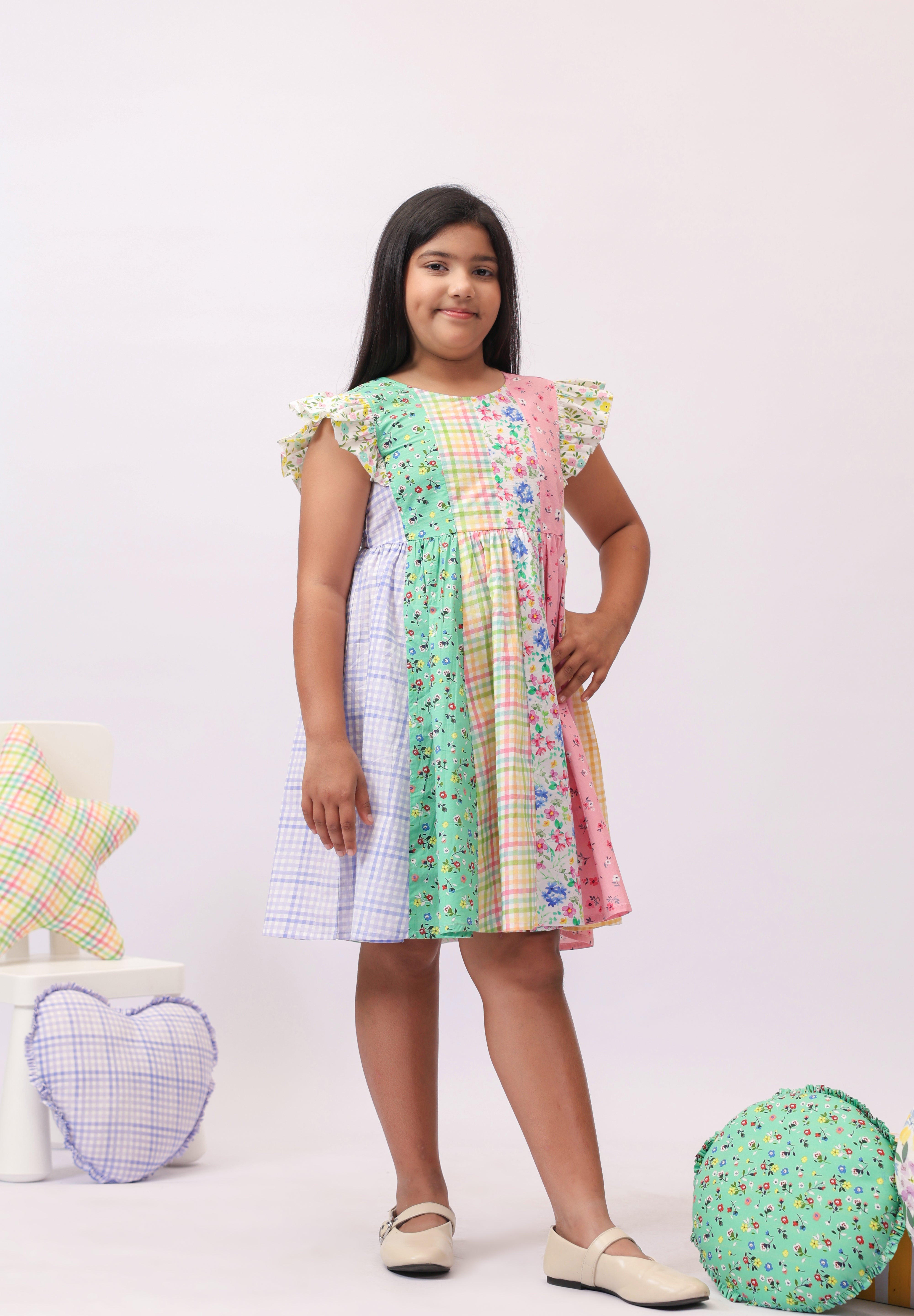 Confetti Patchwork Floral Check Dress for Girls