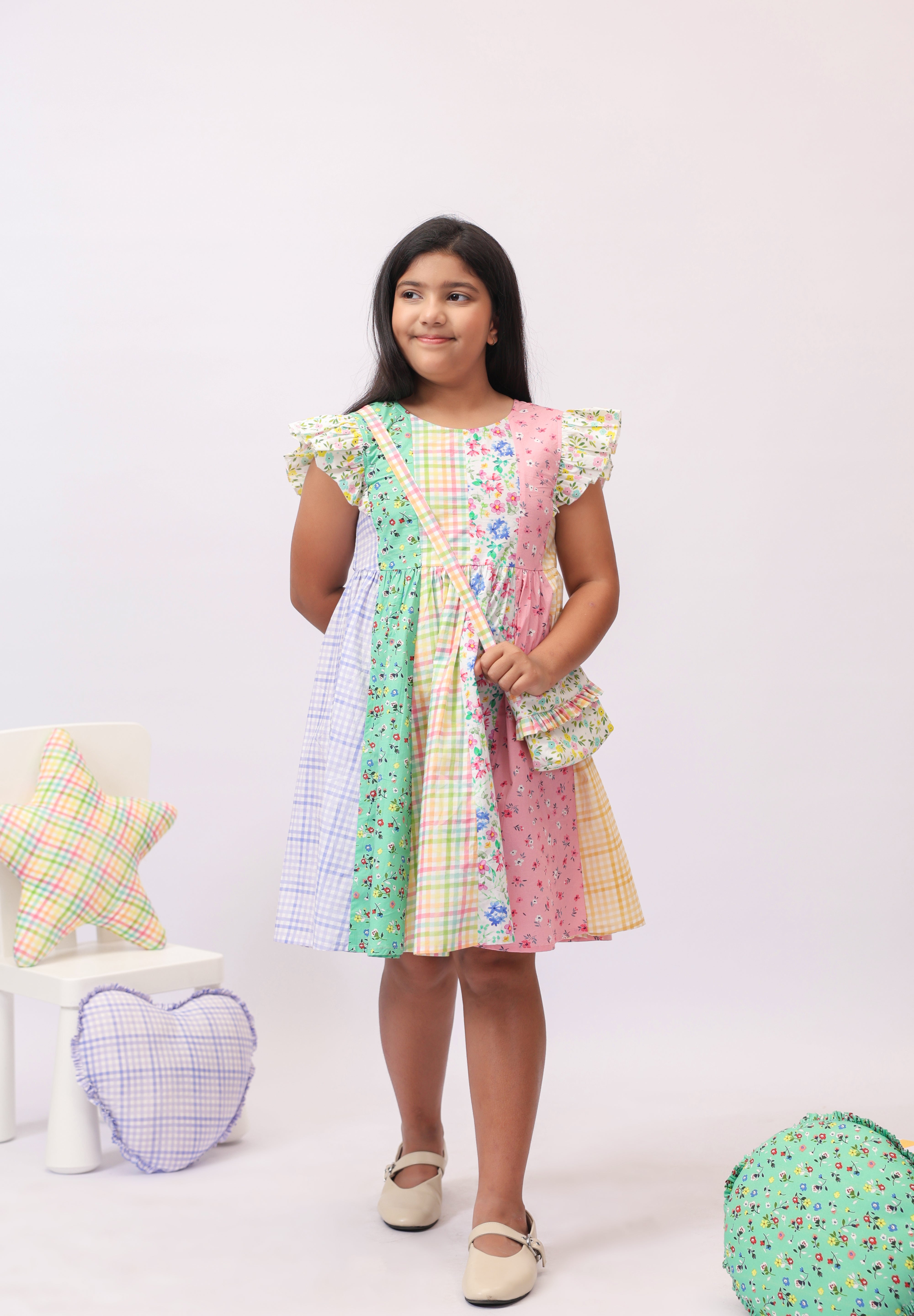 Confetti Patchwork Floral Check Dress for Girls