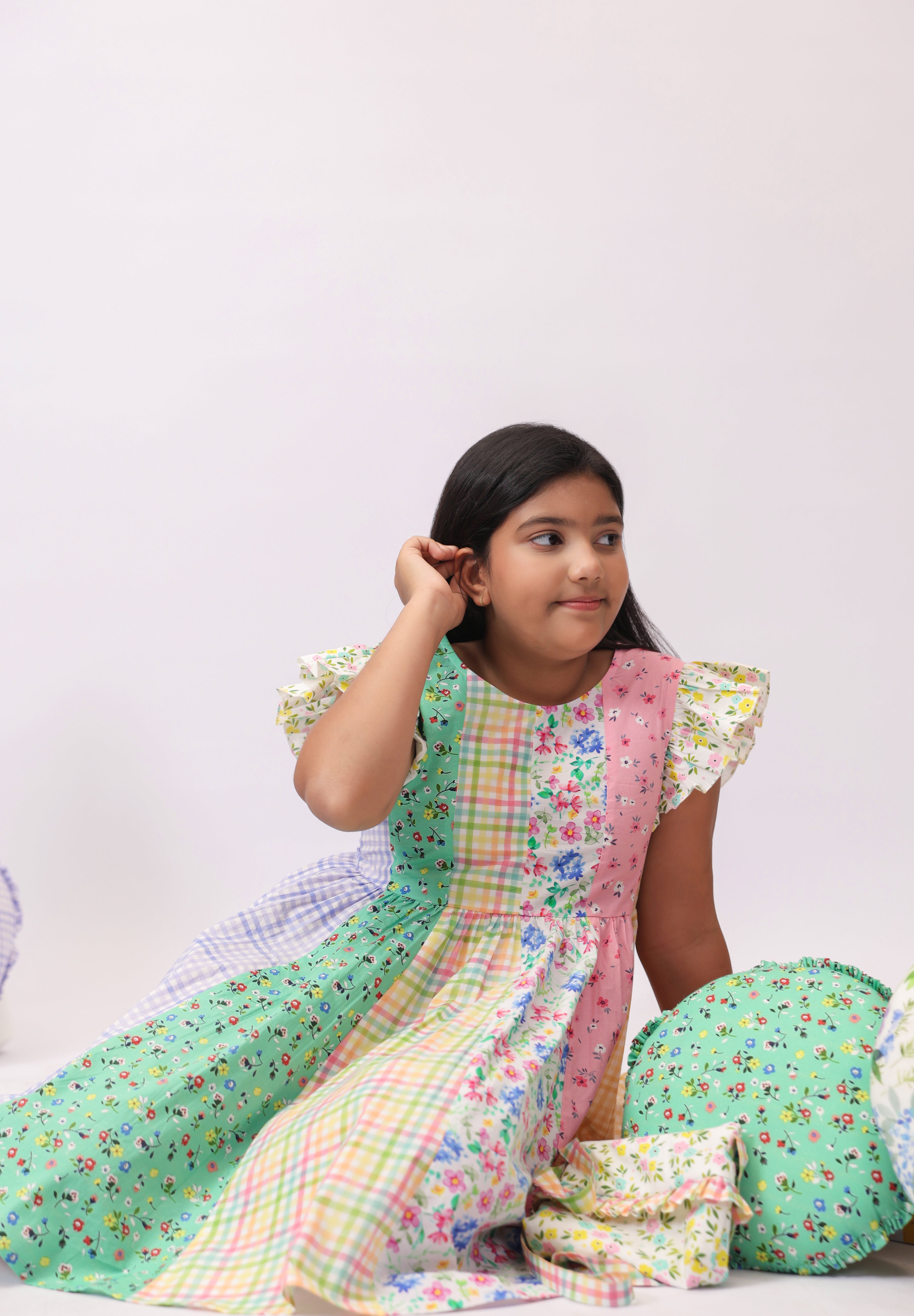 Confetti Patchwork Floral Check Dress for Girls