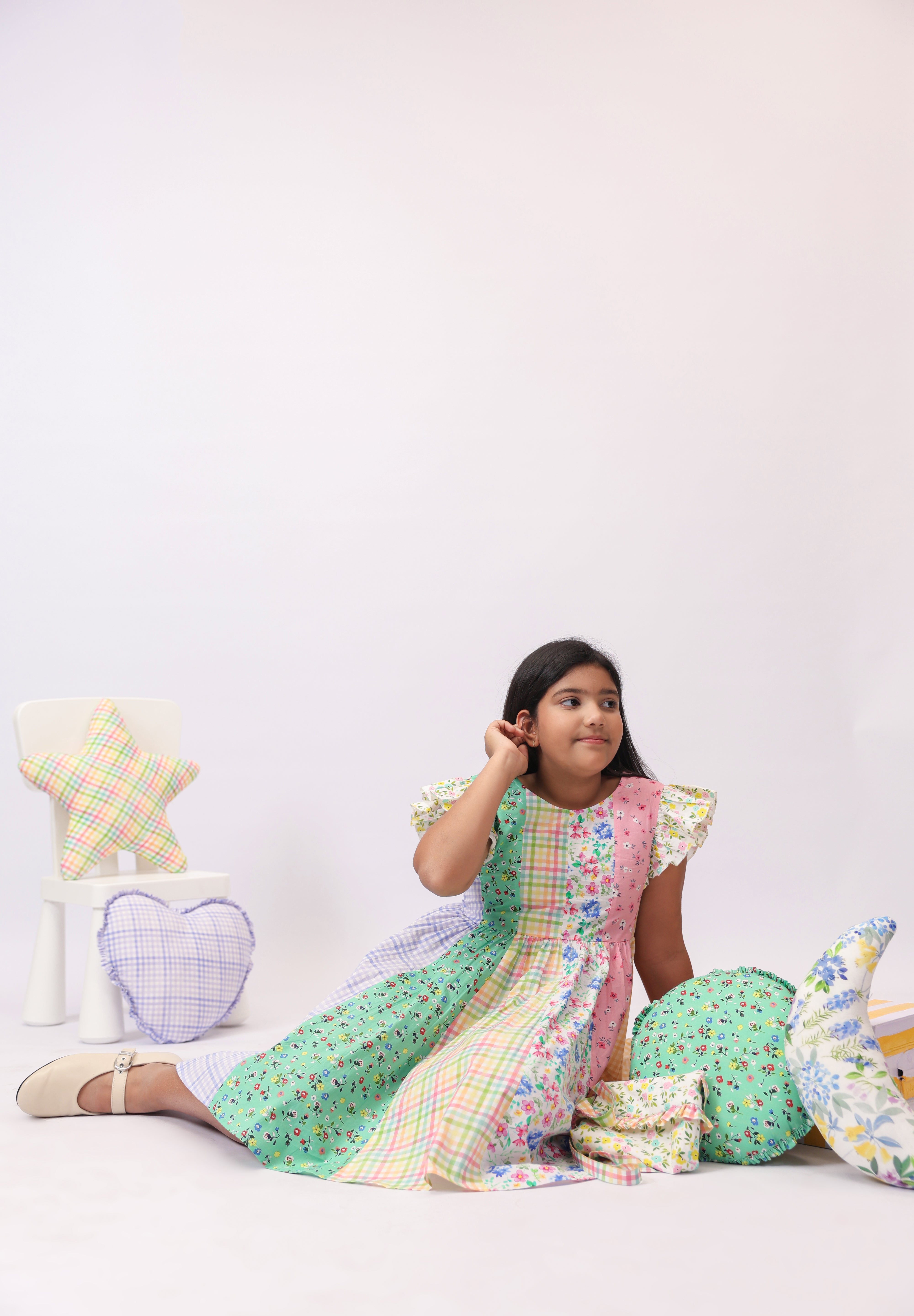 Confetti Patchwork Floral Check Dress for Girls