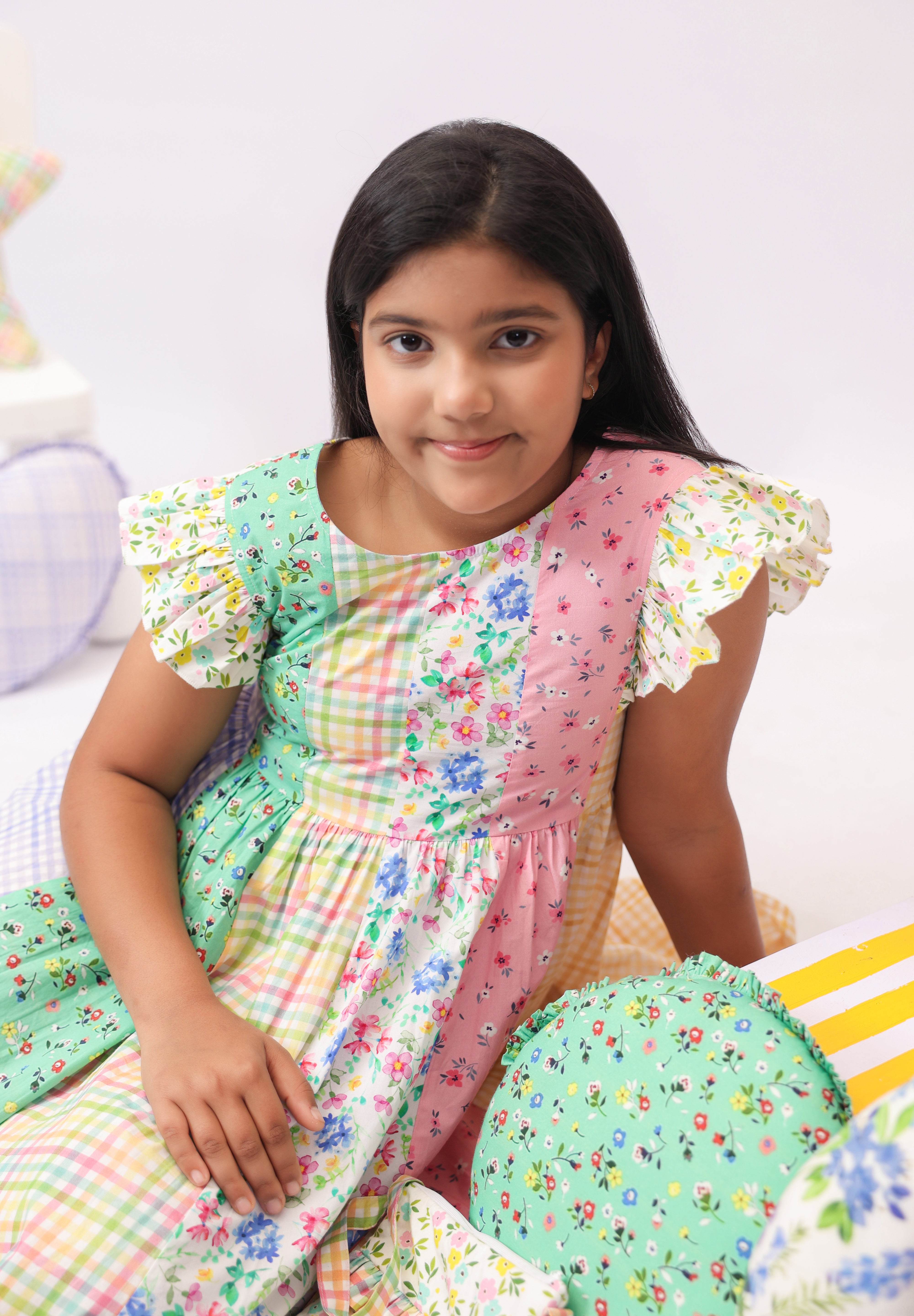 Confetti Patchwork Floral Check Dress for Girls