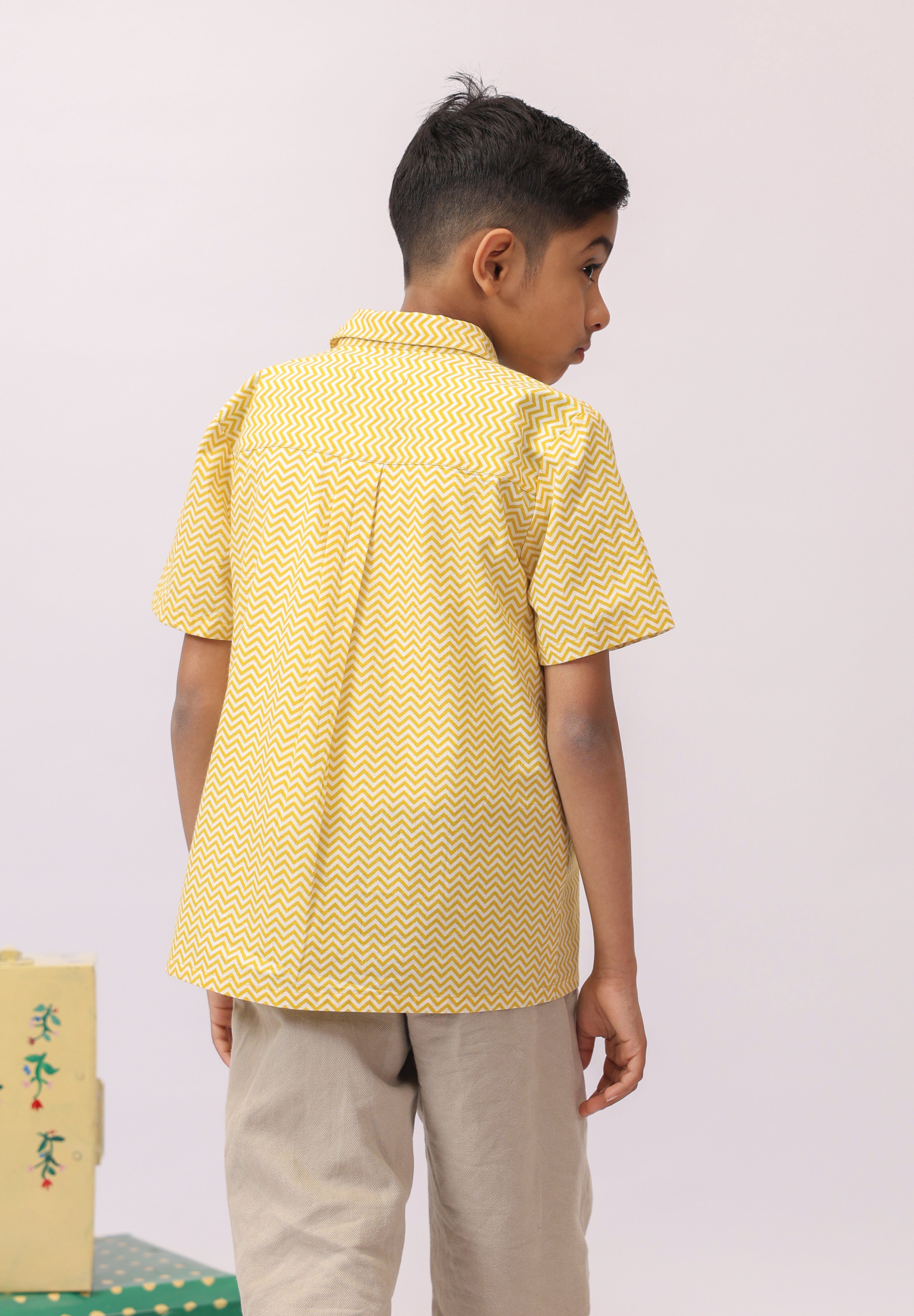 Yellow Chevron Chest Pocket Shirt For Boys