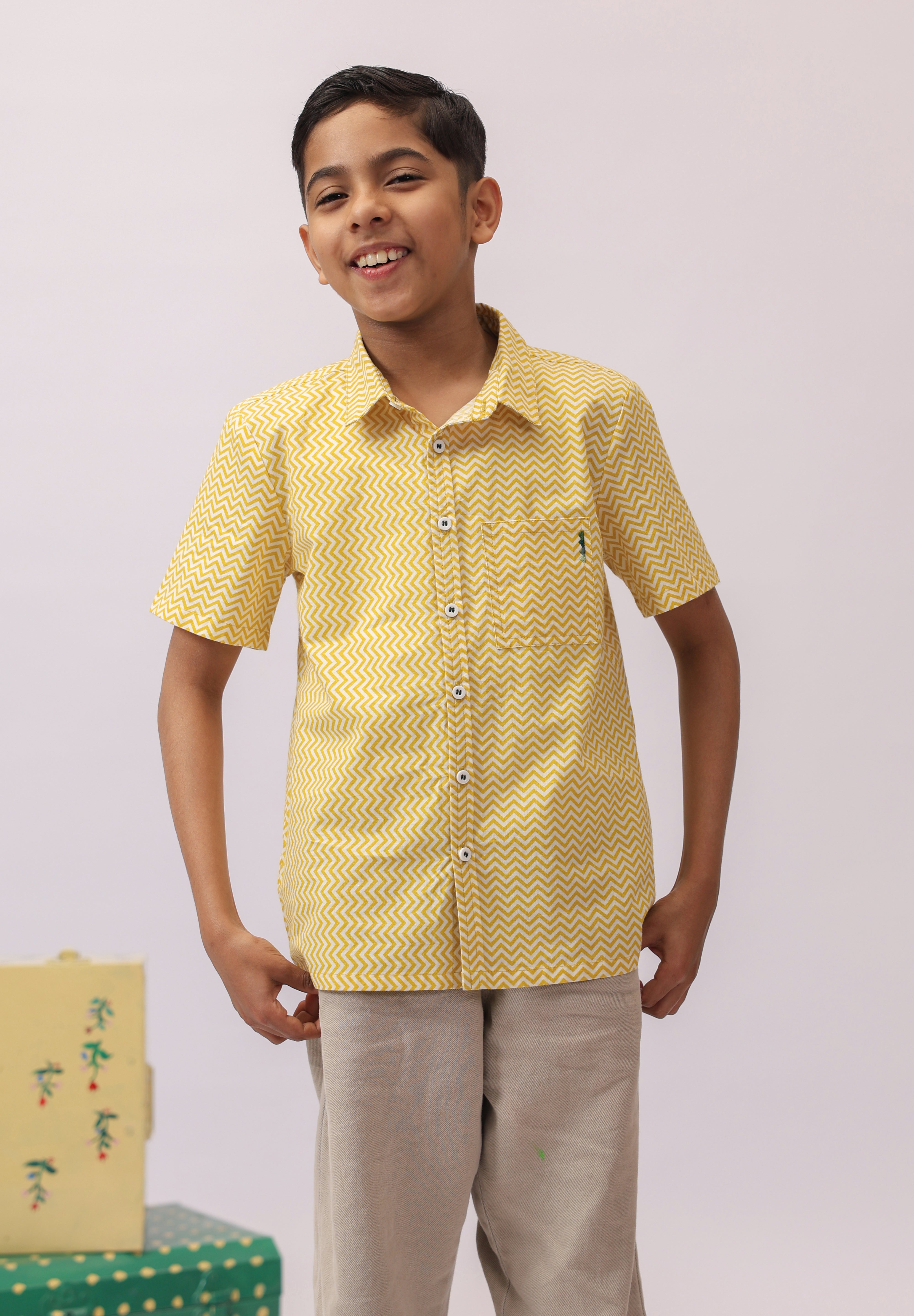 Yellow Chevron Chest Pocket Shirt For Boys