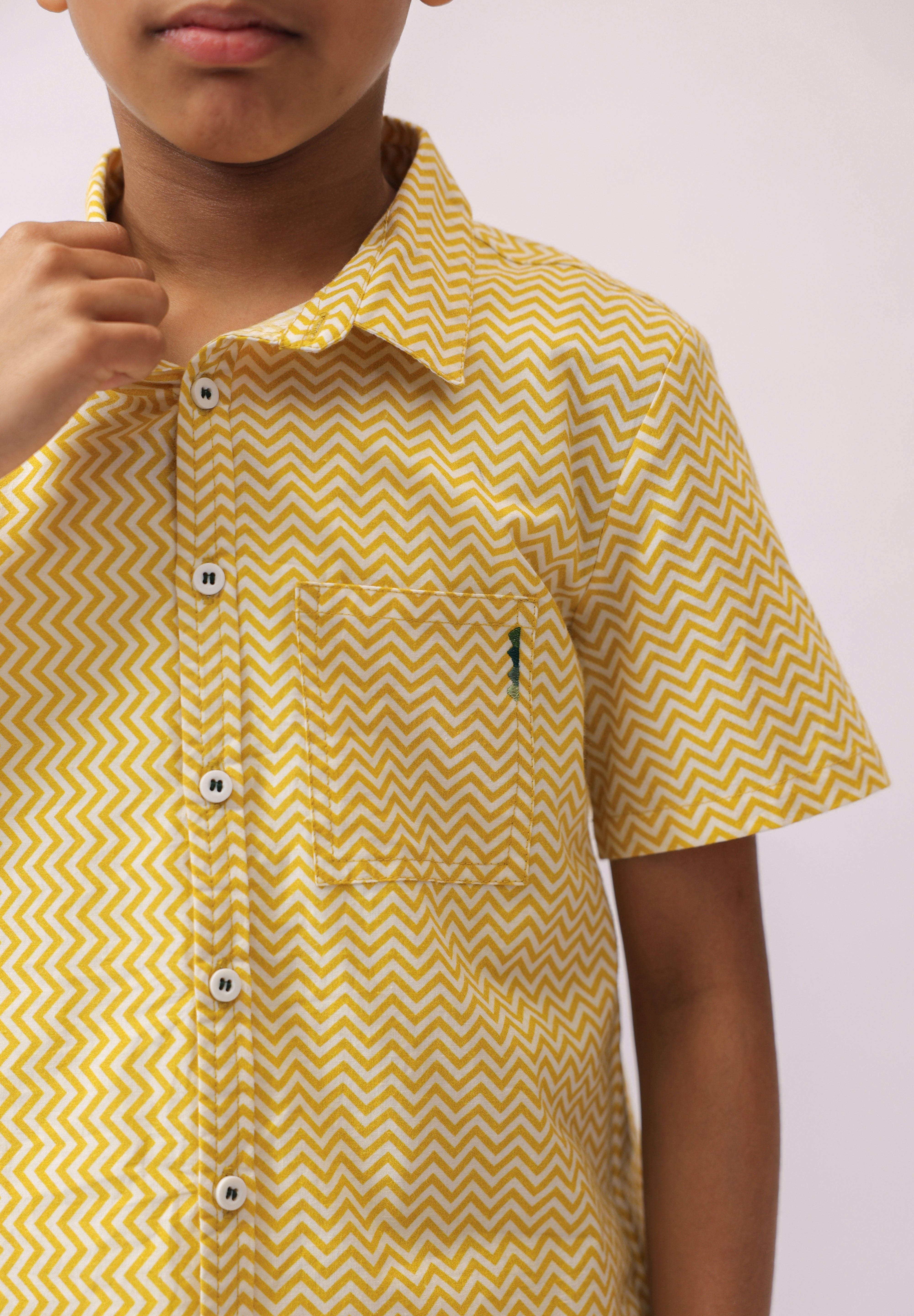 Yellow Chevron Chest Pocket Shirt For Boys