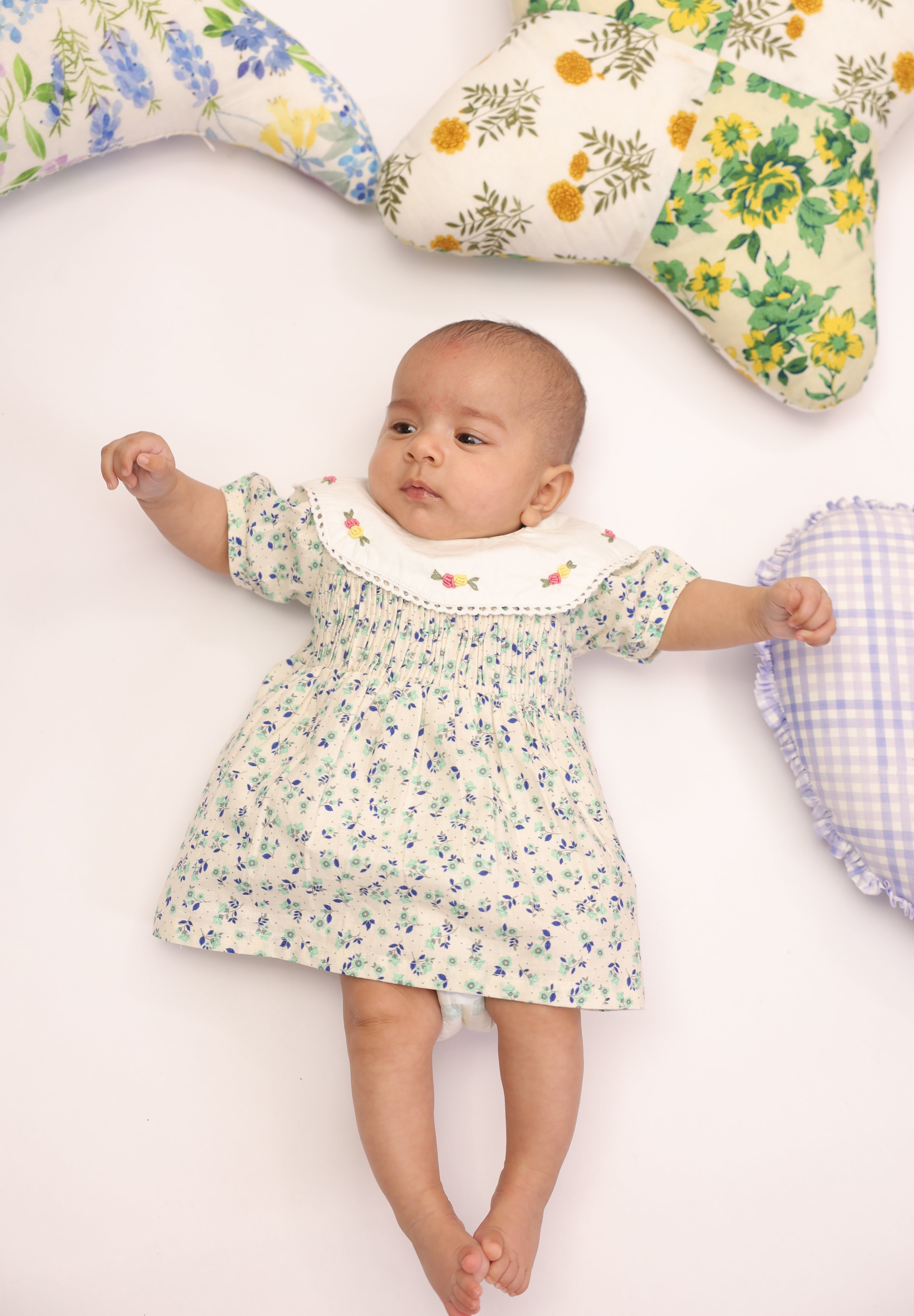 Floral Smocked Infant Dress with Floral Embellished Collar for Girls