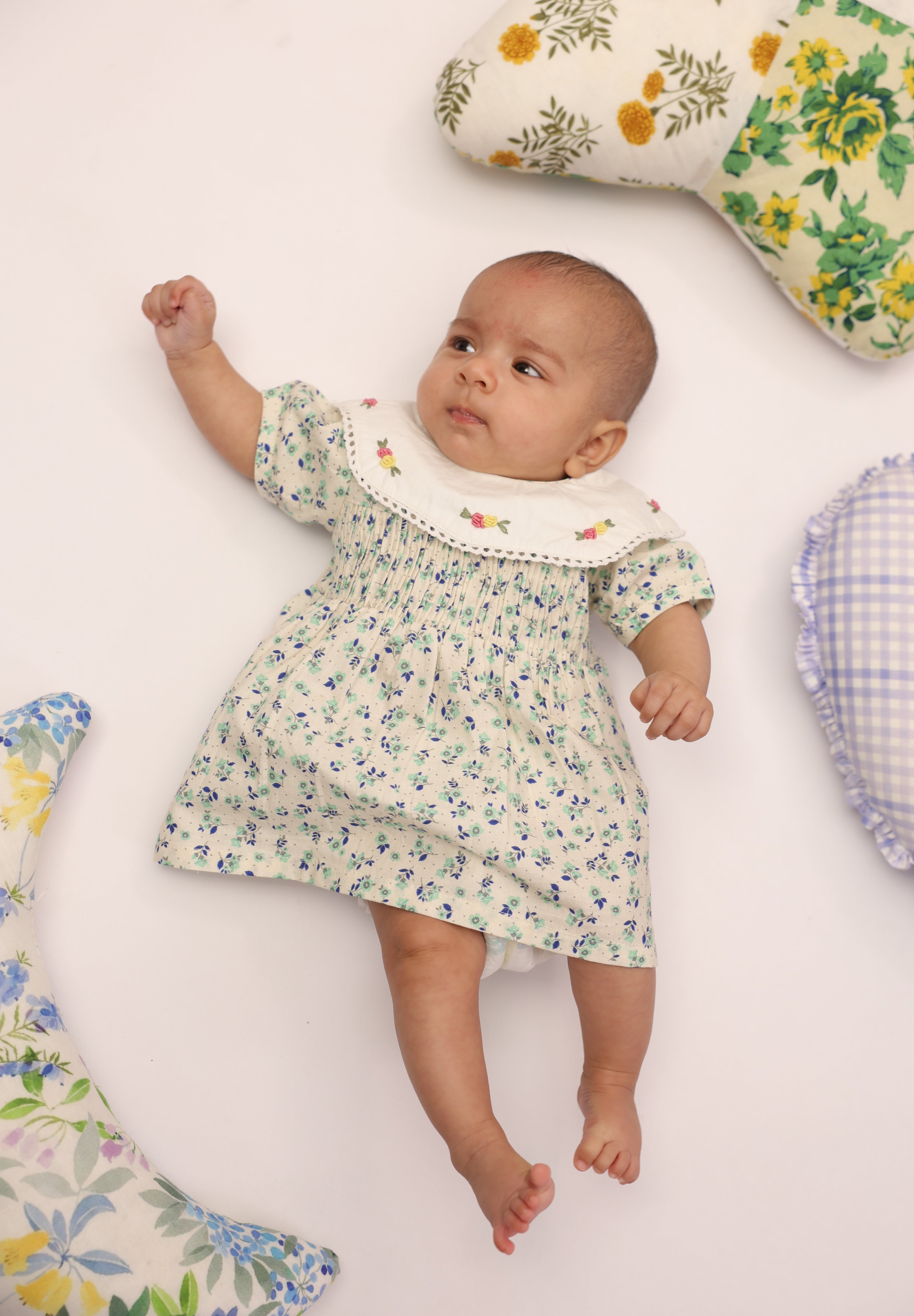 Floral Smocked Infant Dress with Floral Embellished Collar for Girls