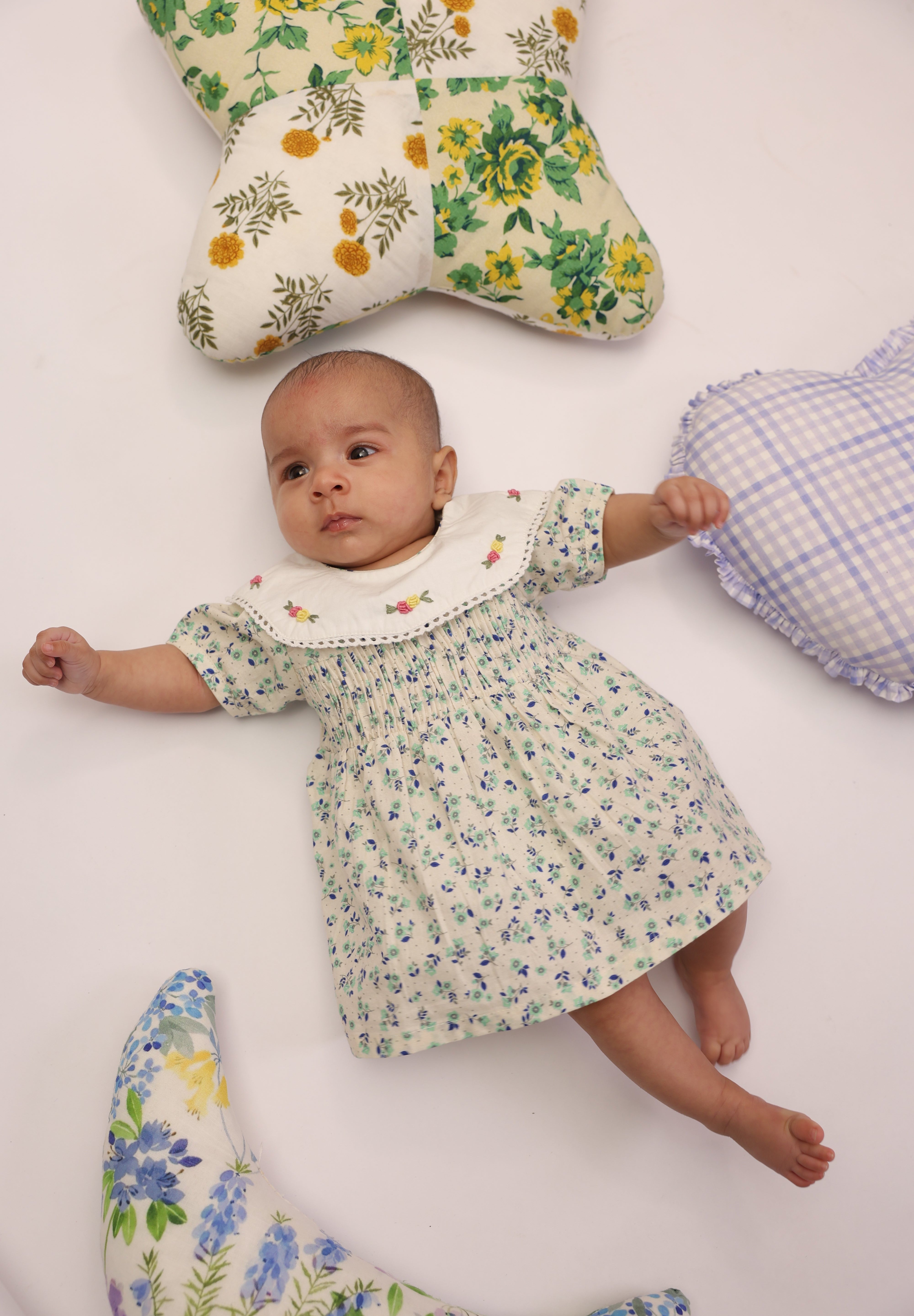 Floral Smocked Infant Dress with Floral Embellished Collar for Girls