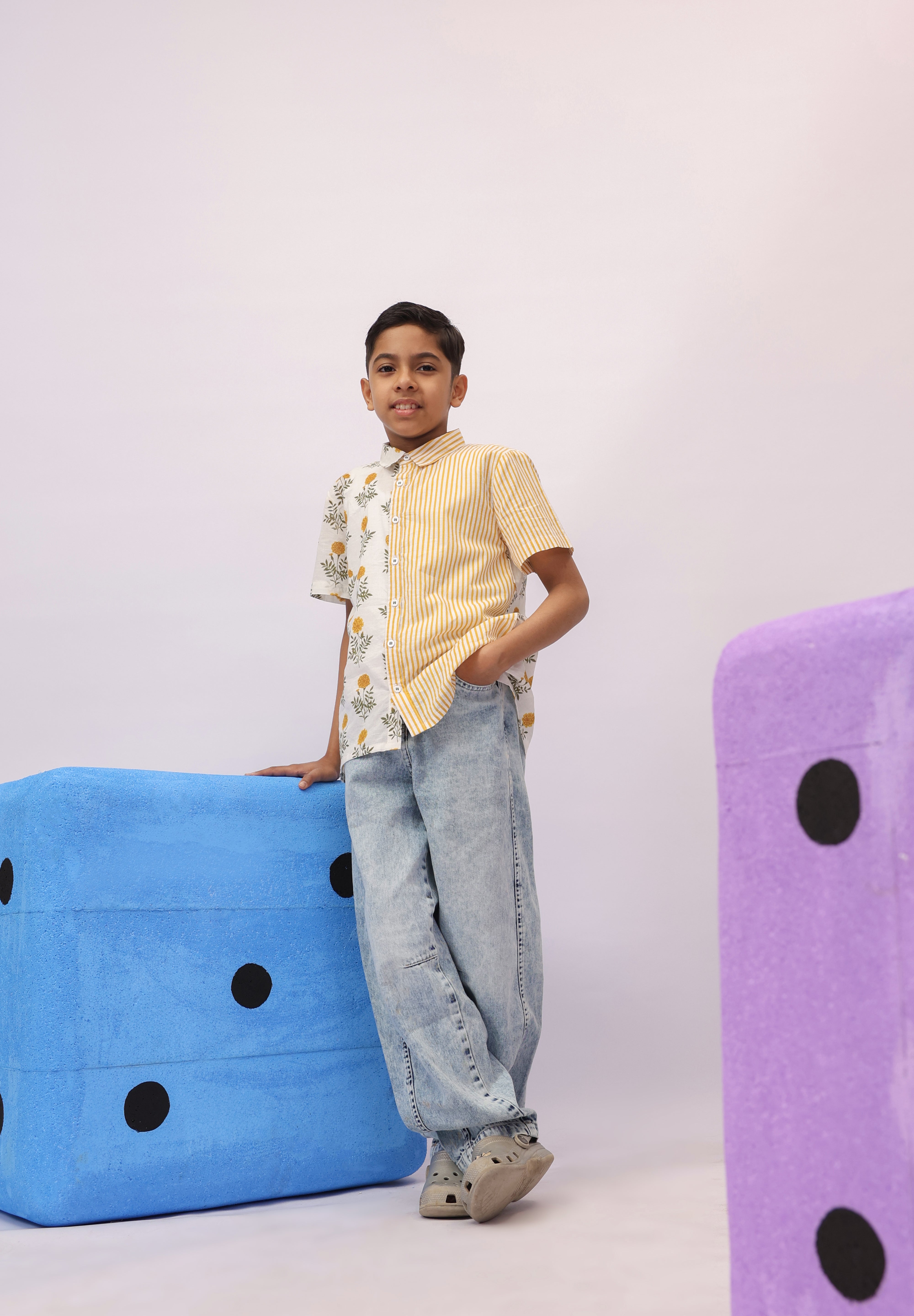 Marigold Floral & Stripe Colour-Block Shirt For Boys