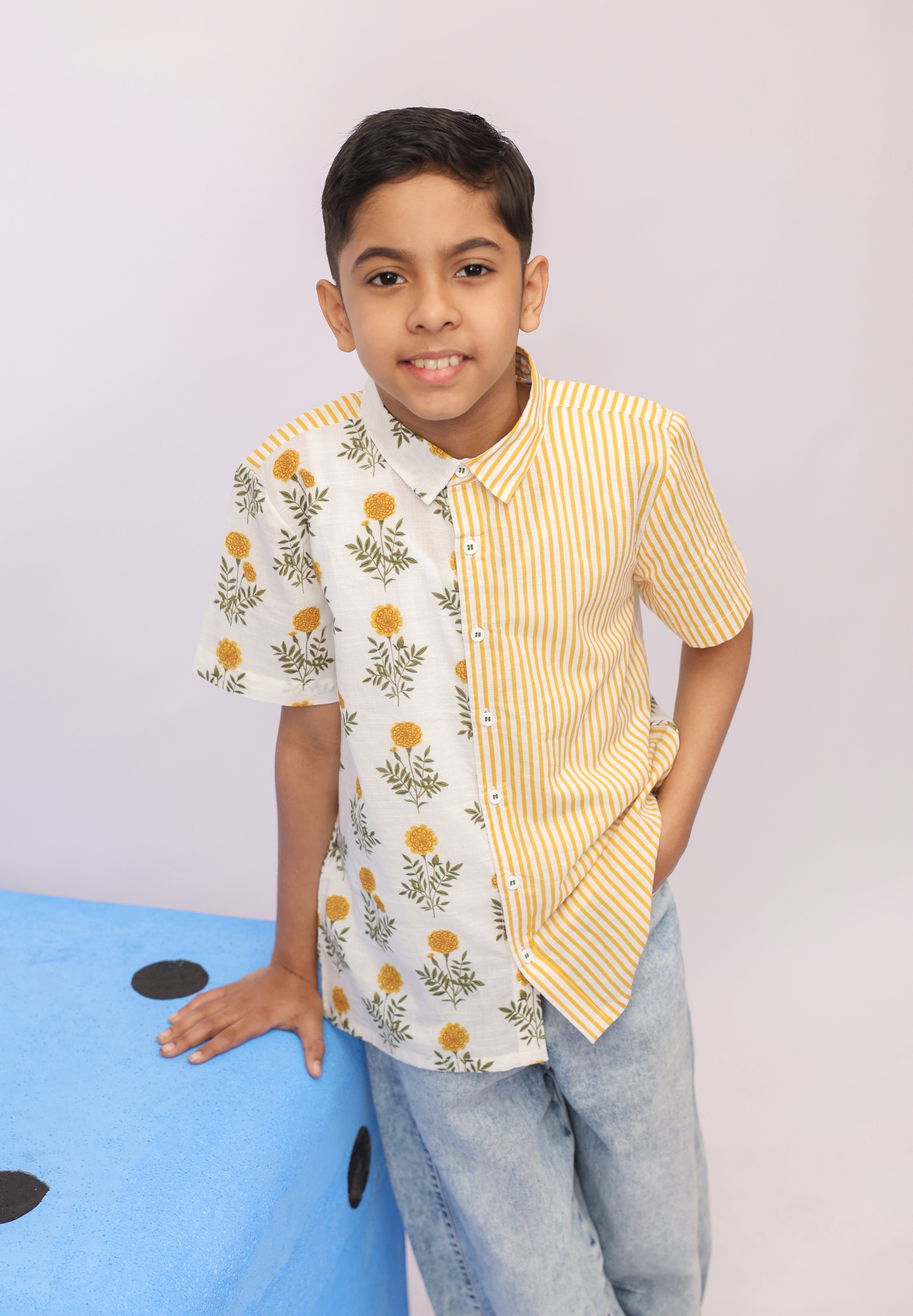 Marigold Floral & Stripe Colour-Block Shirt For Boys