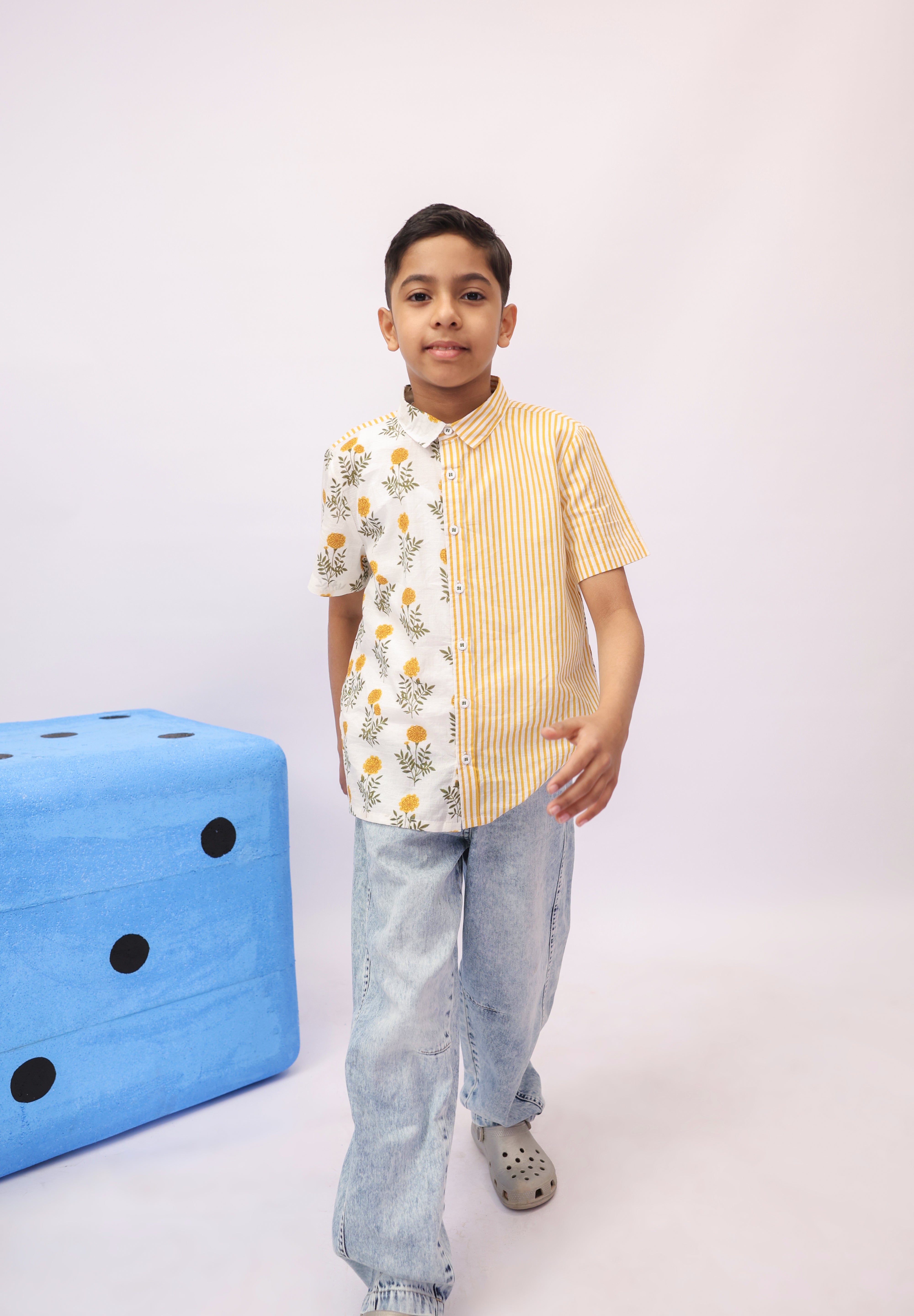 Marigold Floral & Stripe Colour-Block Shirt For Boys