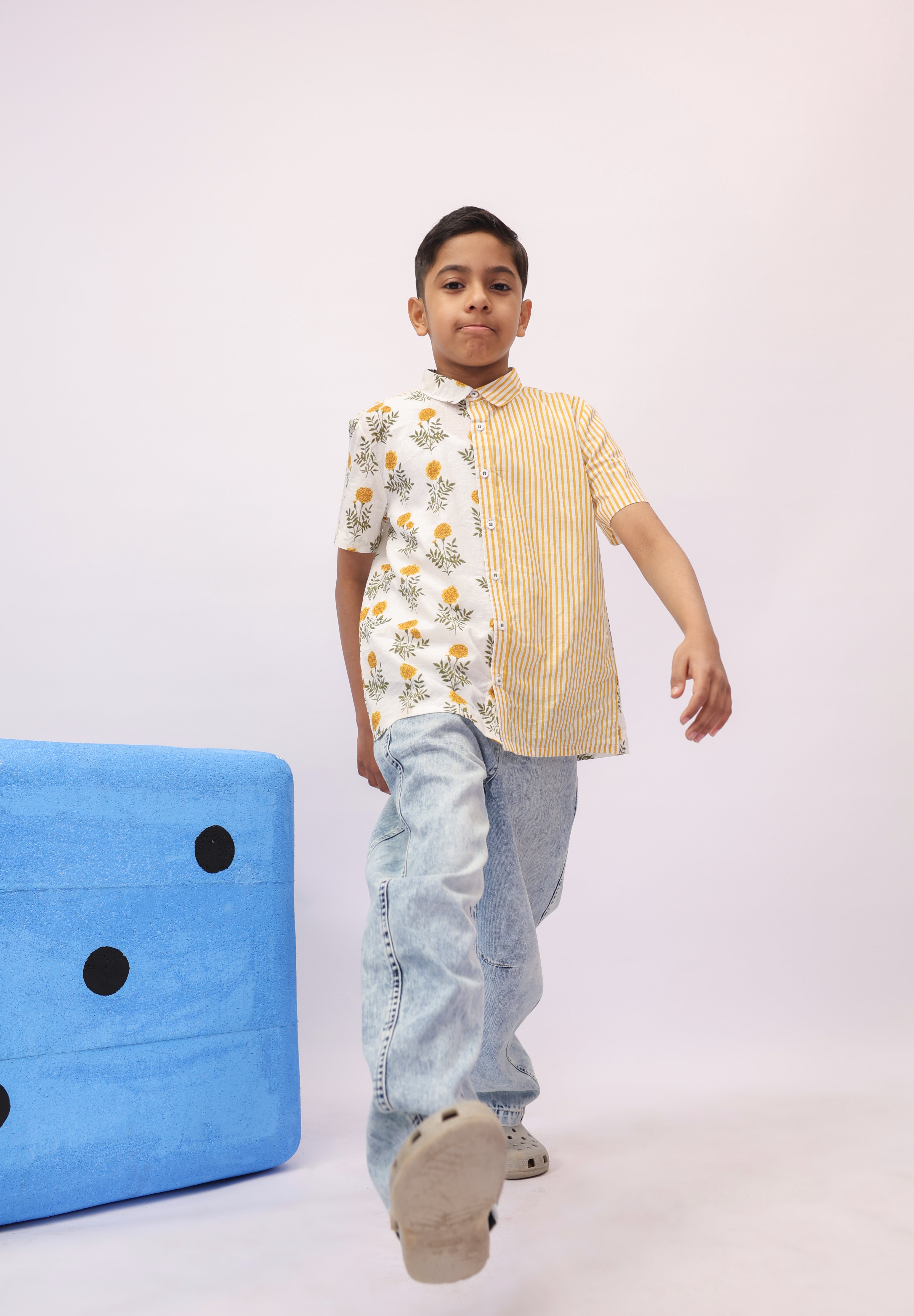 Marigold Floral & Stripe Colour-Block Shirt For Boys
